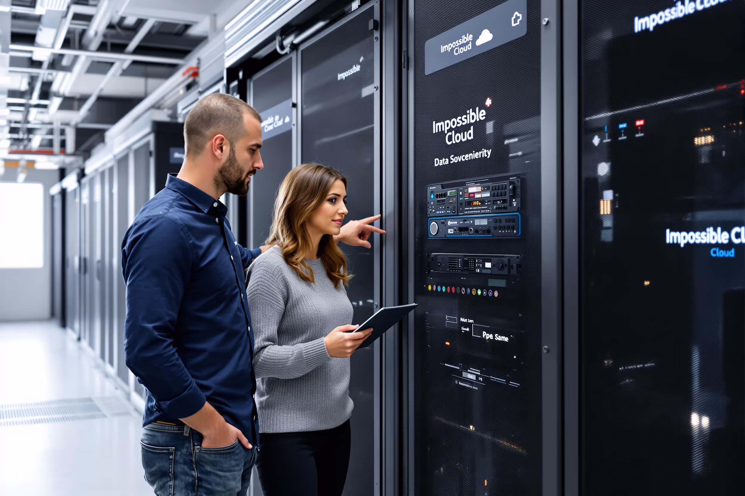 IT professionals collaborating at a server rack in a European data center, highlighting data sovereignty and Impossible Cloud solutions.