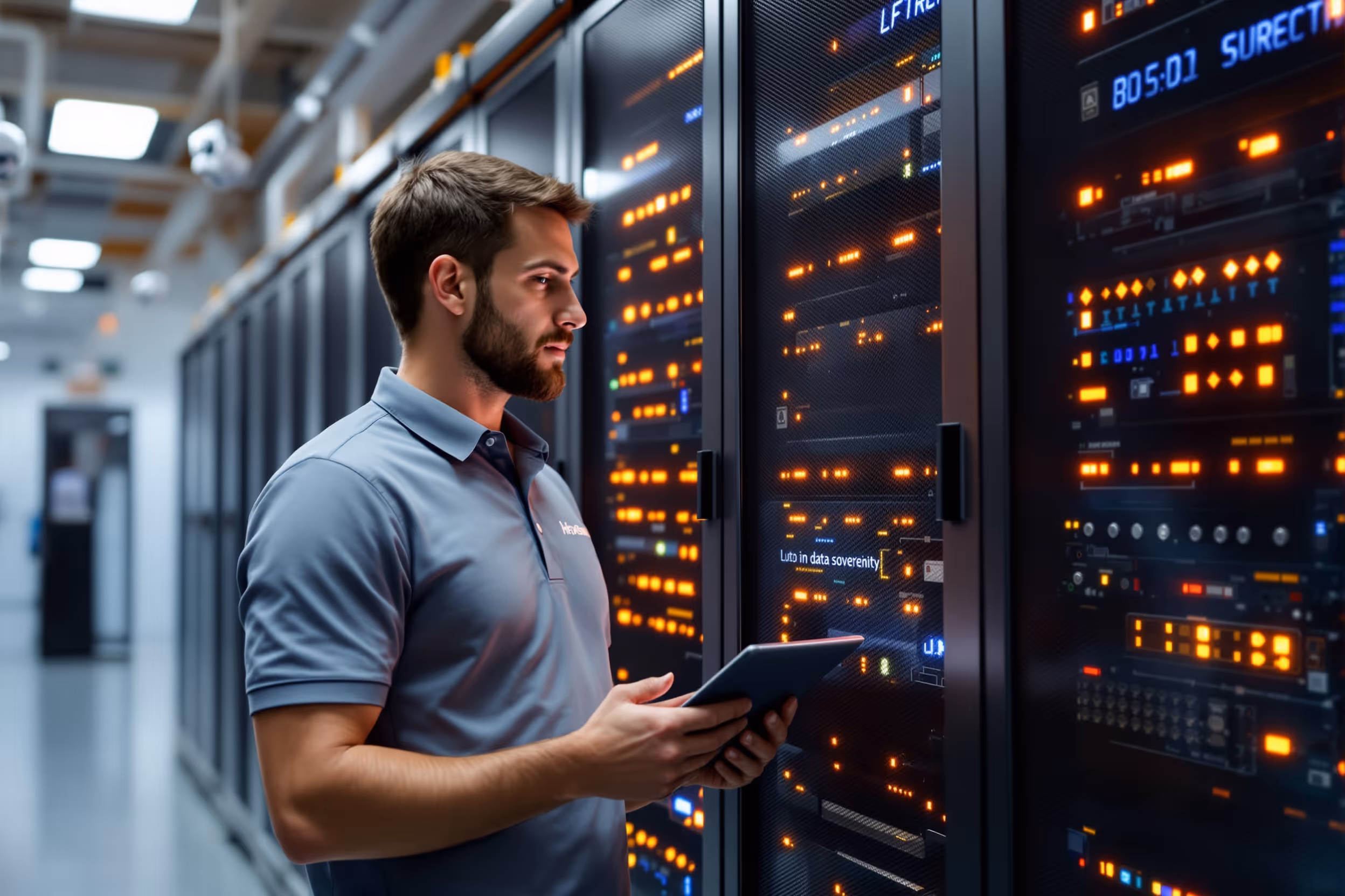 UK data center with IT engineer inspecting server rack for compliant WORM storage.