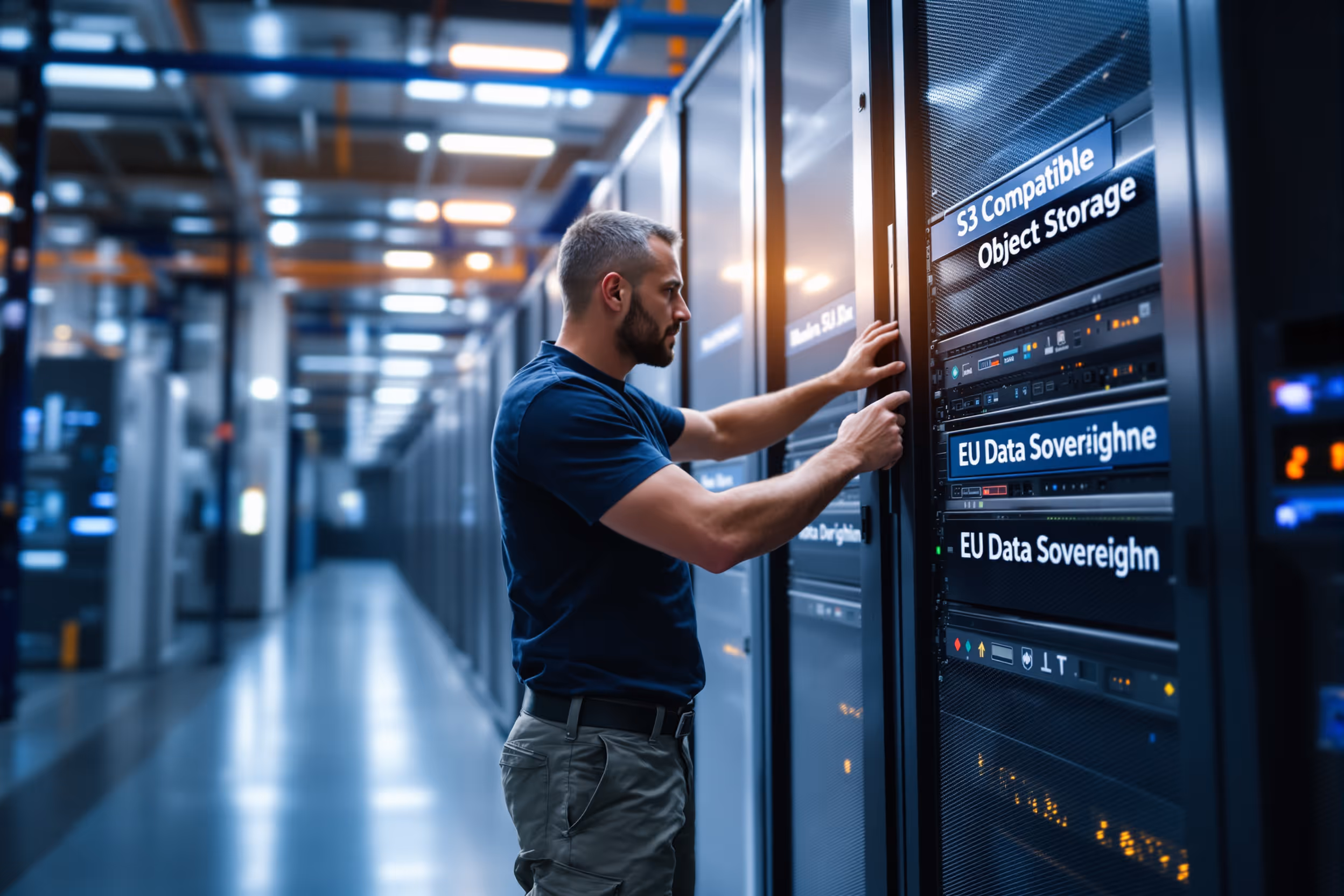 Technician inspecting S3 compatible object storage server in a European data center.