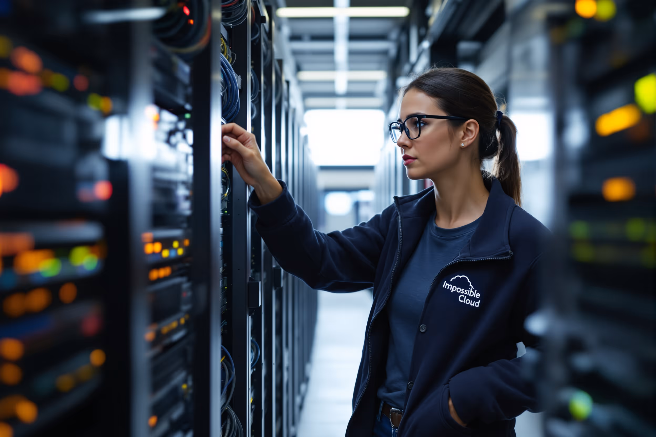 A security engineer inspects a server rack in a European data center.