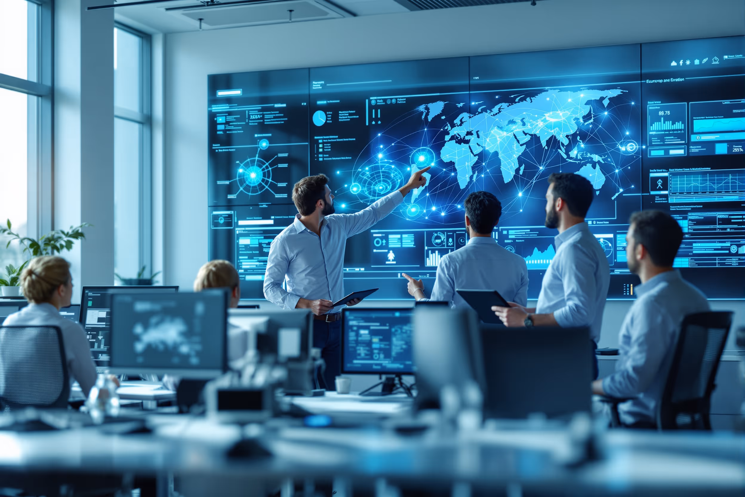 IT professionals monitoring a network operations center in Europe, ensuring digital sovereignty with secure cloud agnostic storage.