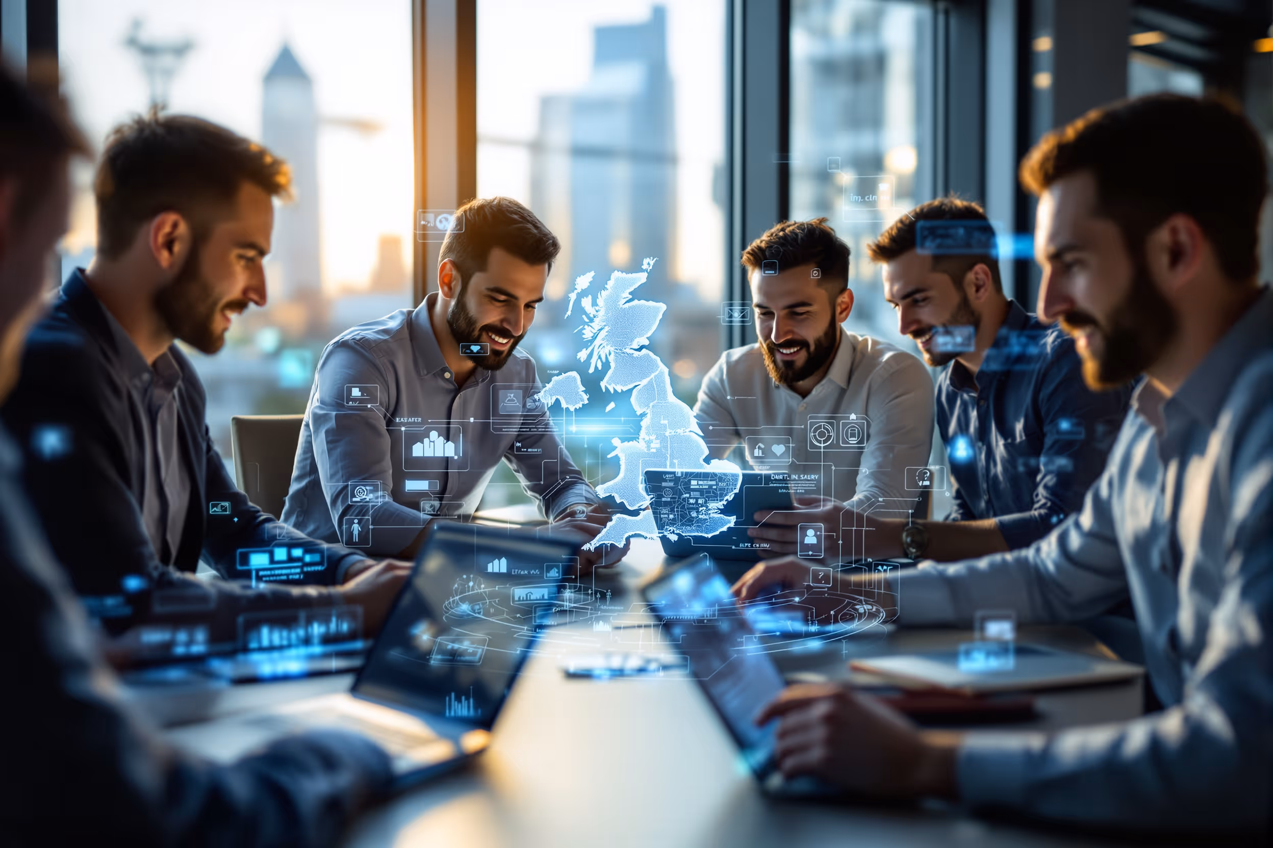 IT professionals in London discussing data sovereignty with edge cloud storage.