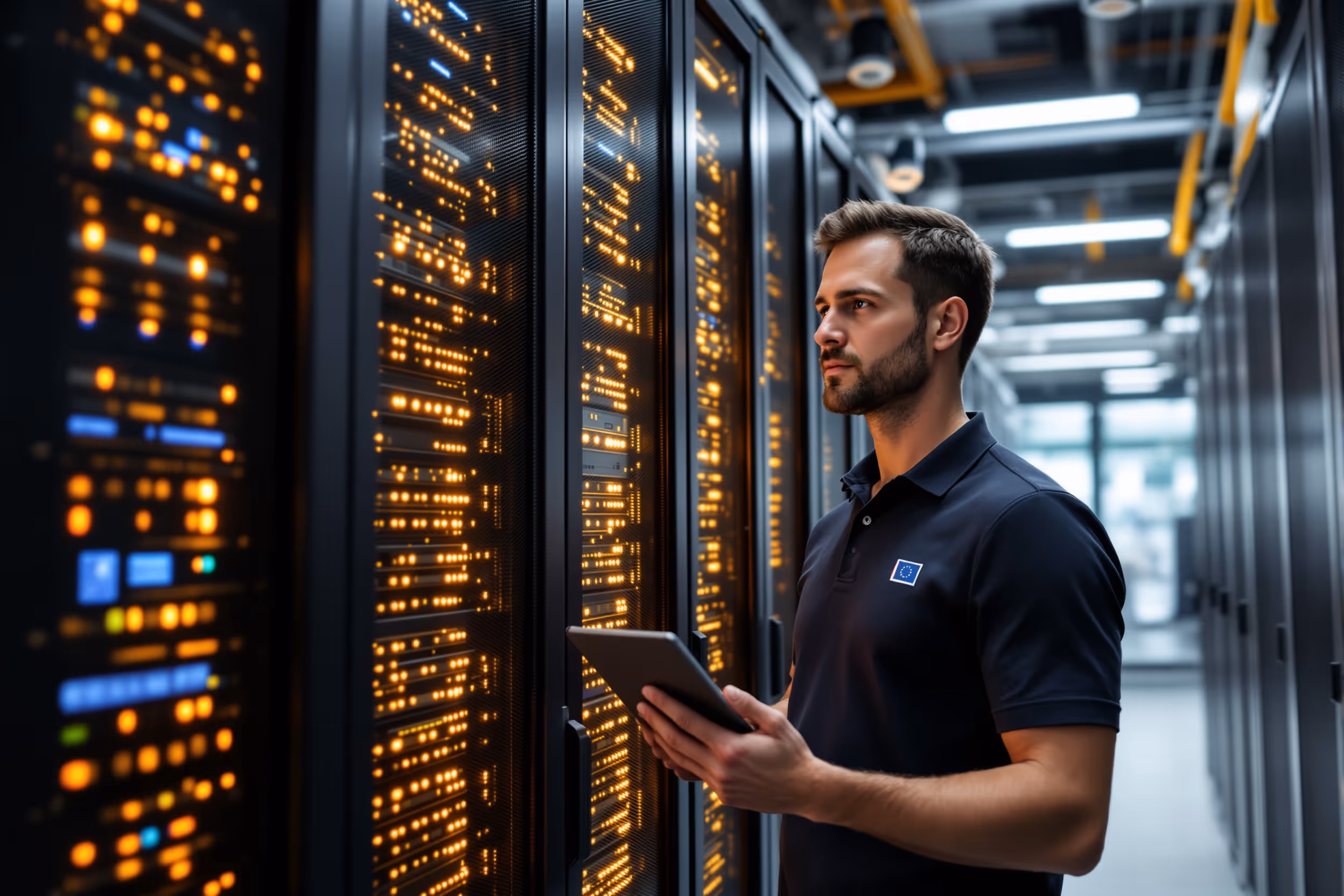 Secure European data center with IT professional inspecting server rack, highlighting digital sovereignty and enterprise-grade security.