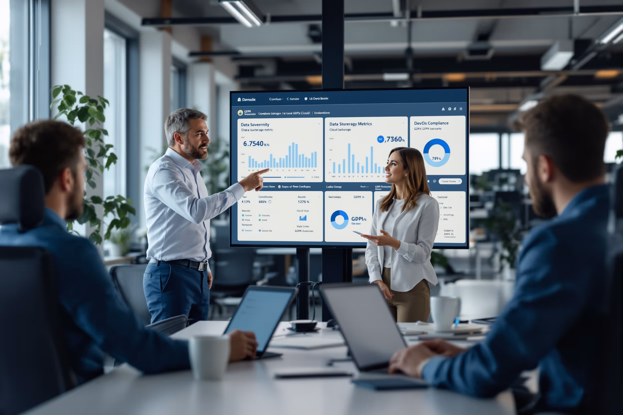 IT team collaborating on digital sovereignty and cloud storage solutions in a modern European office.