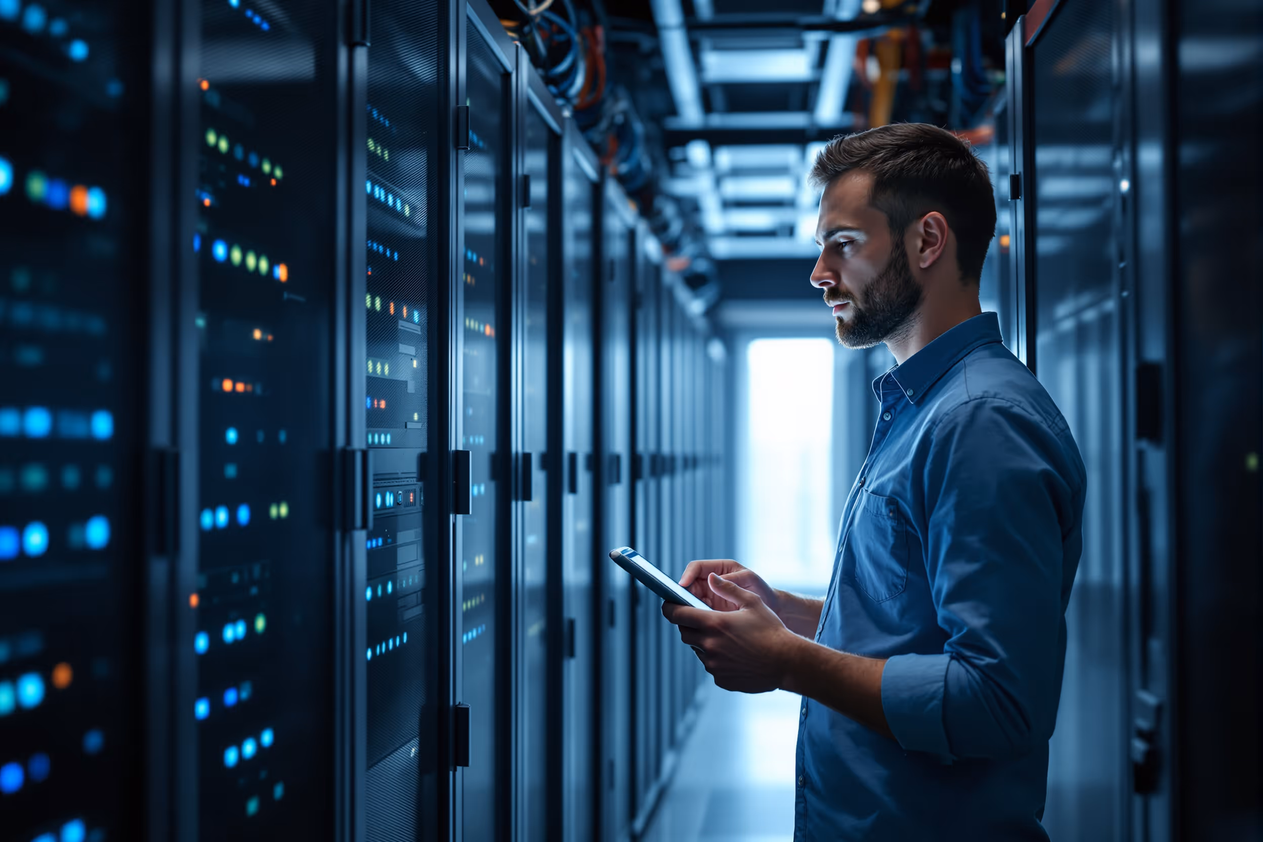 DevOps engineer monitoring S3-compatible cloud storage servers in a European data center.