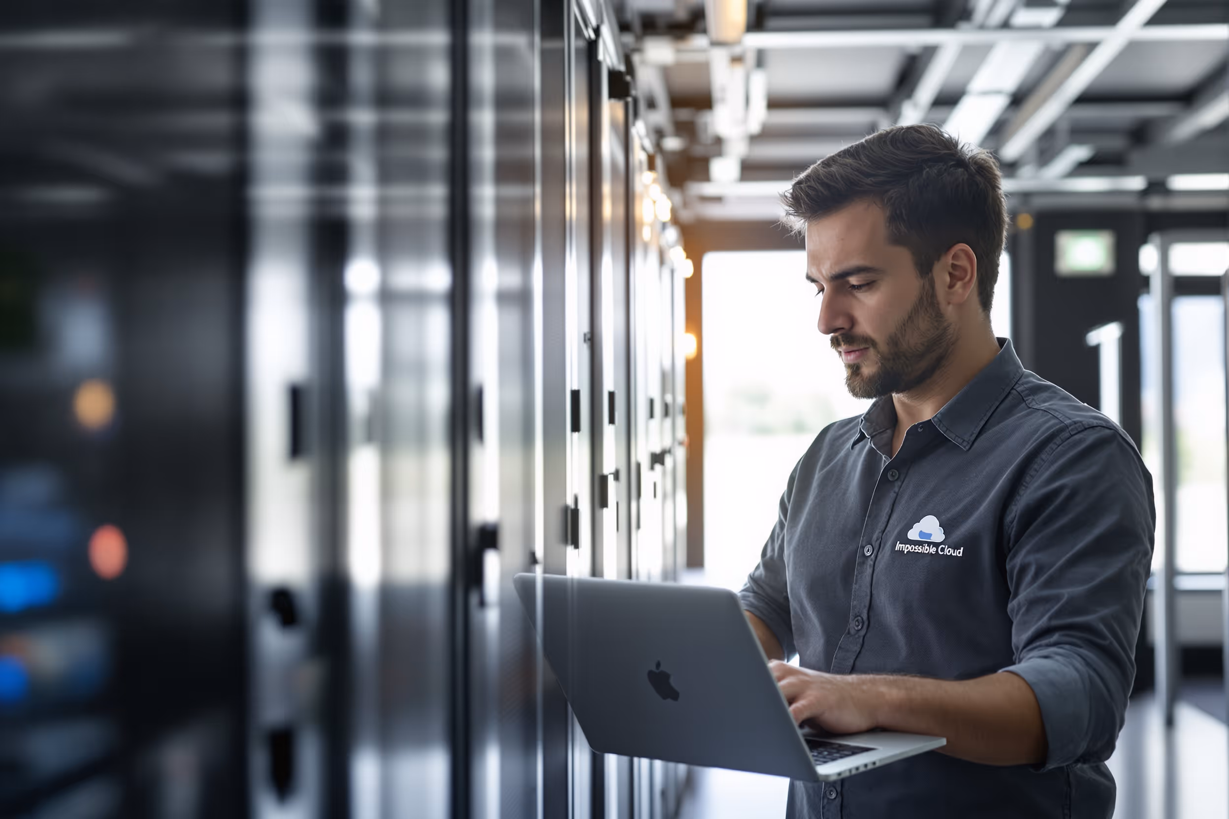 IT professional working in a secure European data center, highlighting Impossible Cloud's high-performance S3 storage.