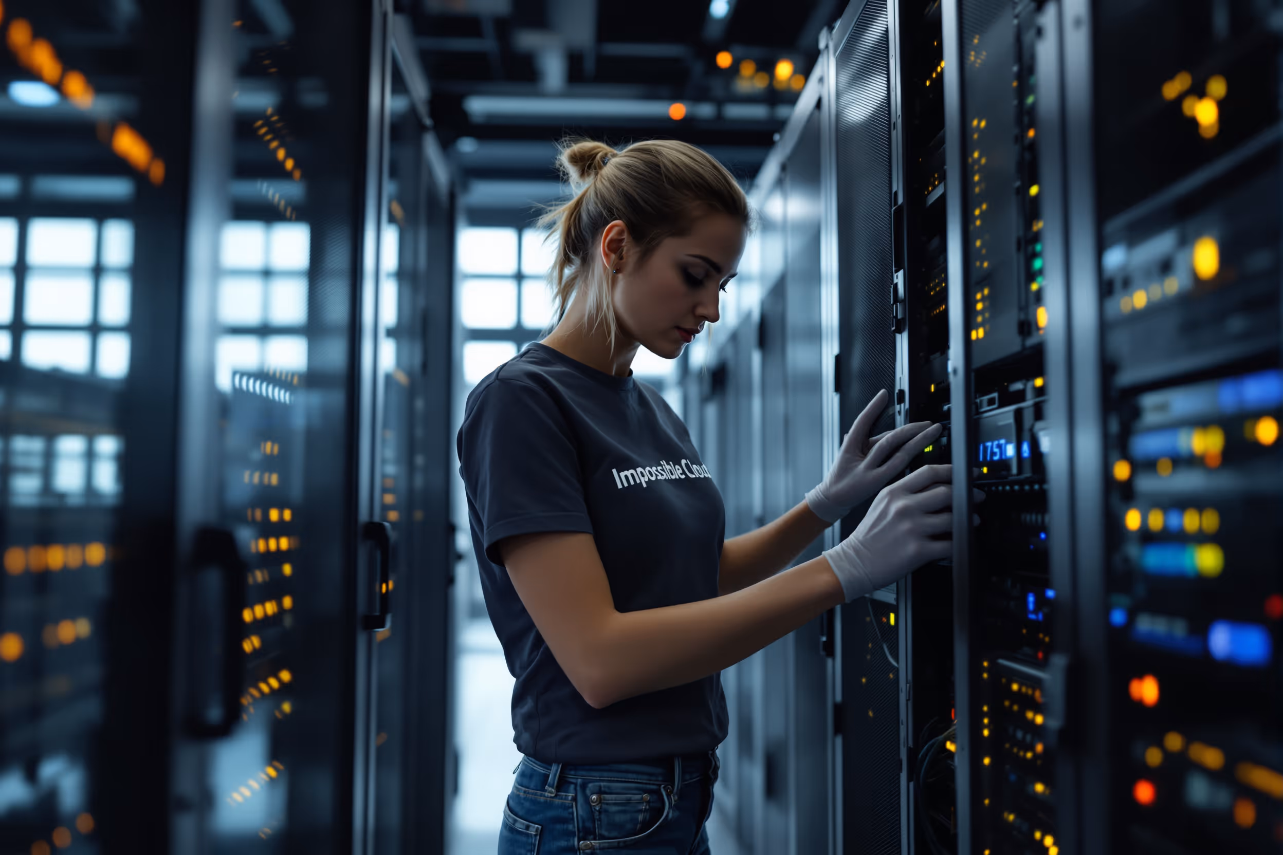 IT engineer working in a modern European data center, highlighting Impossible Cloud's secure S3 API compatible object storage.