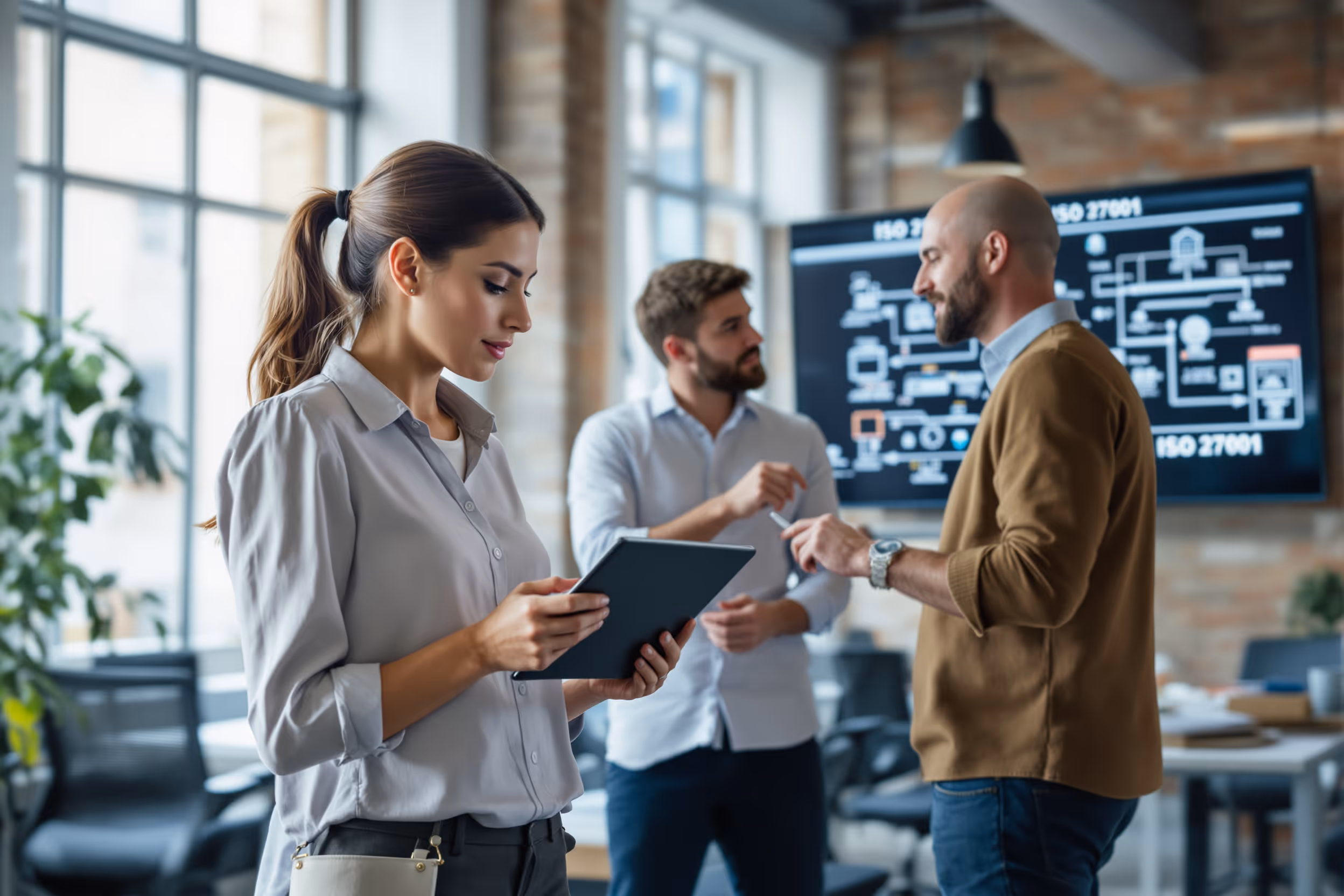 Team in London office collaborating on ISO 27001 compliance, using tablets and network diagrams.