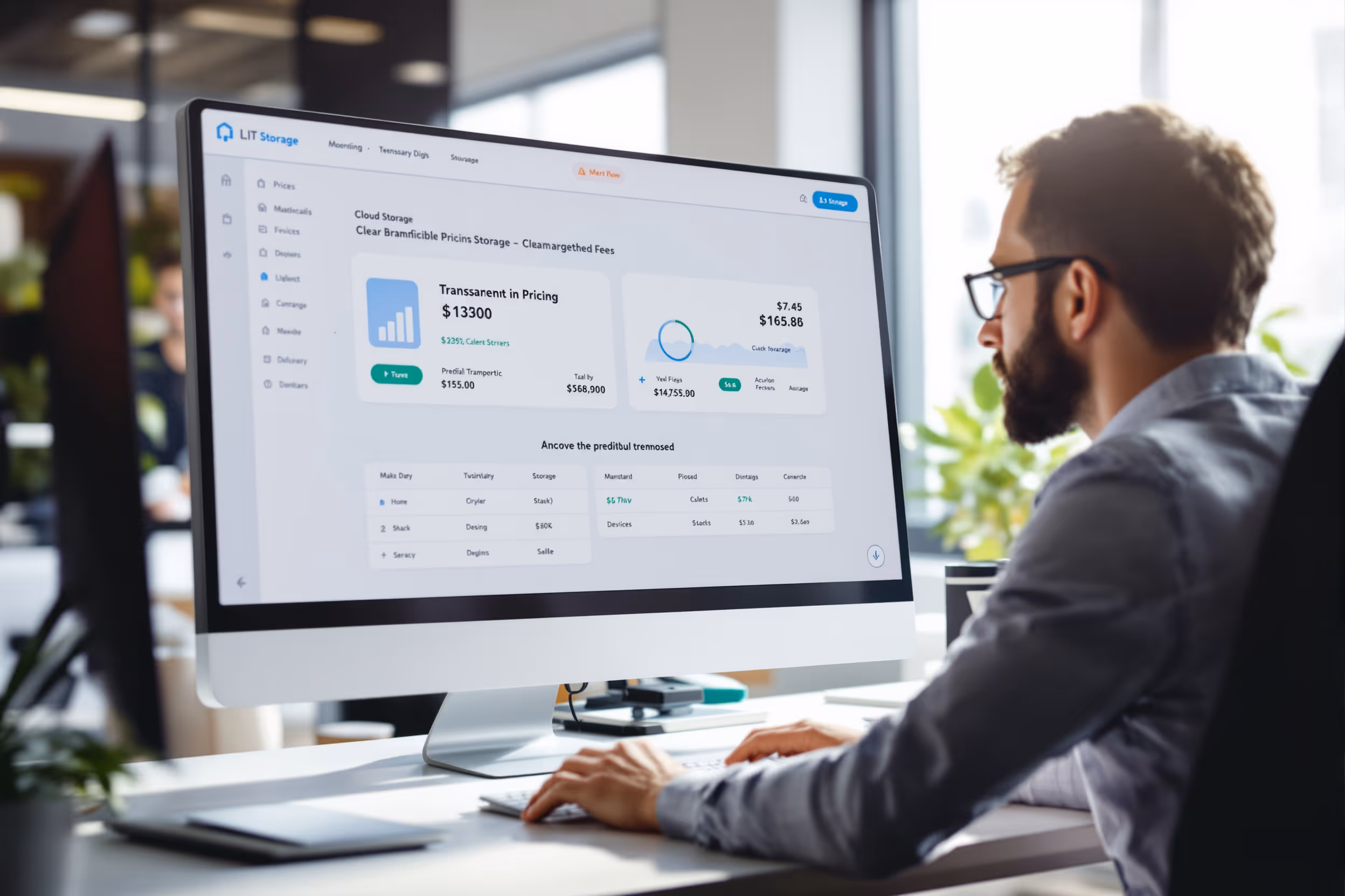 IT professional reviewing transparent cloud storage pricing with no hidden fees.