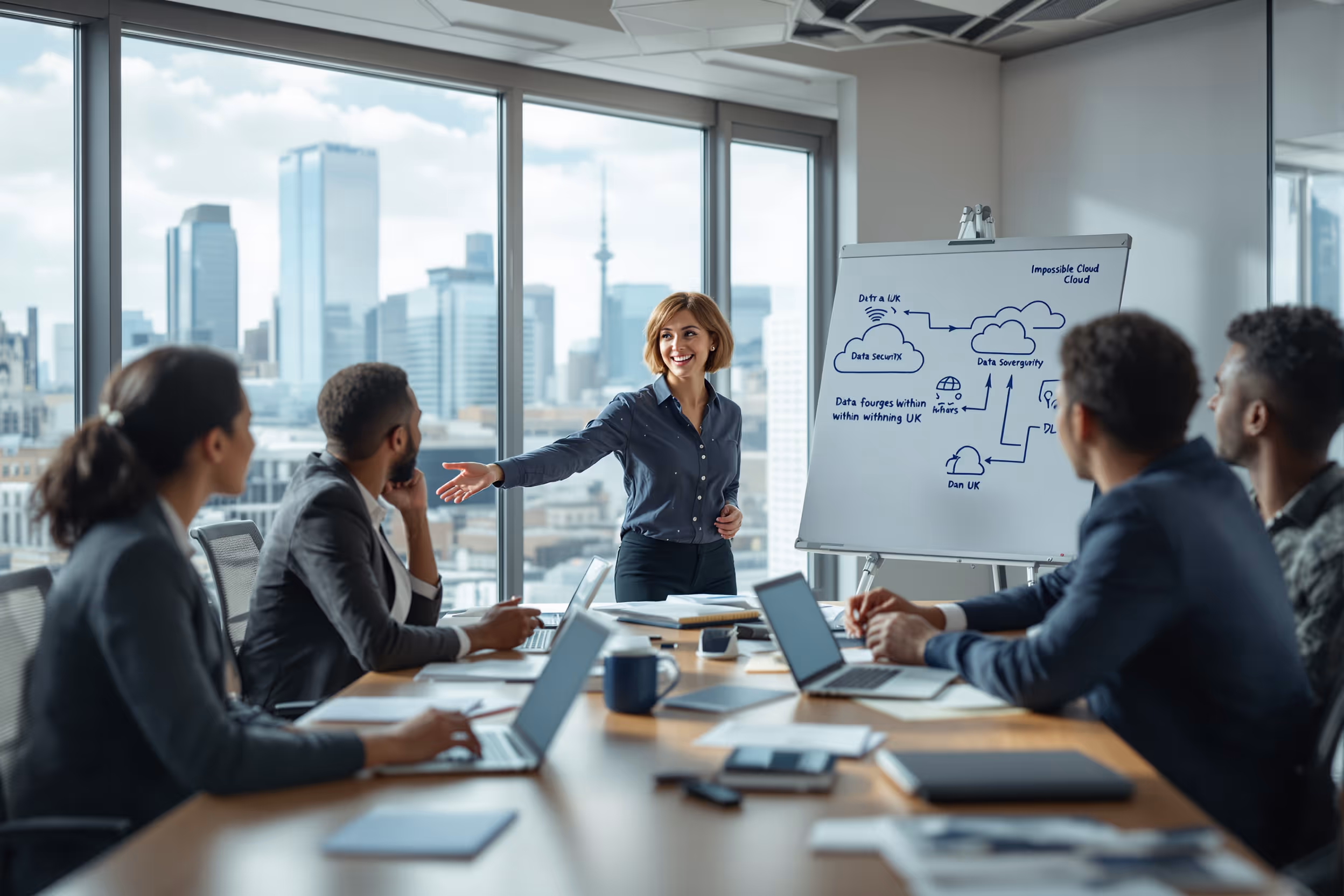 IT team discussing SOC 2 compliance with sovereign cloud storage in a modern London office.