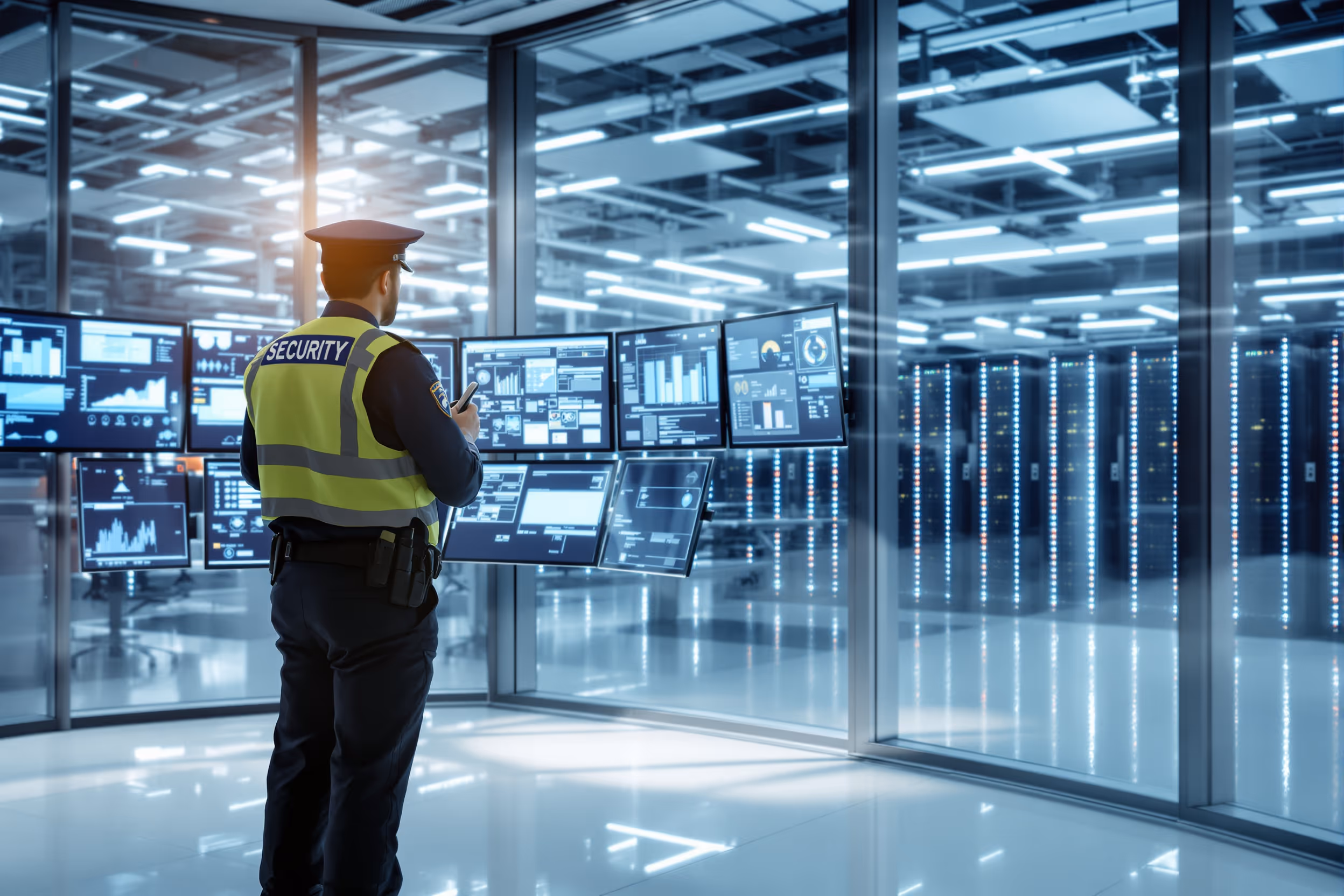 A secure European data center control room with a security guard monitoring data visualizations.