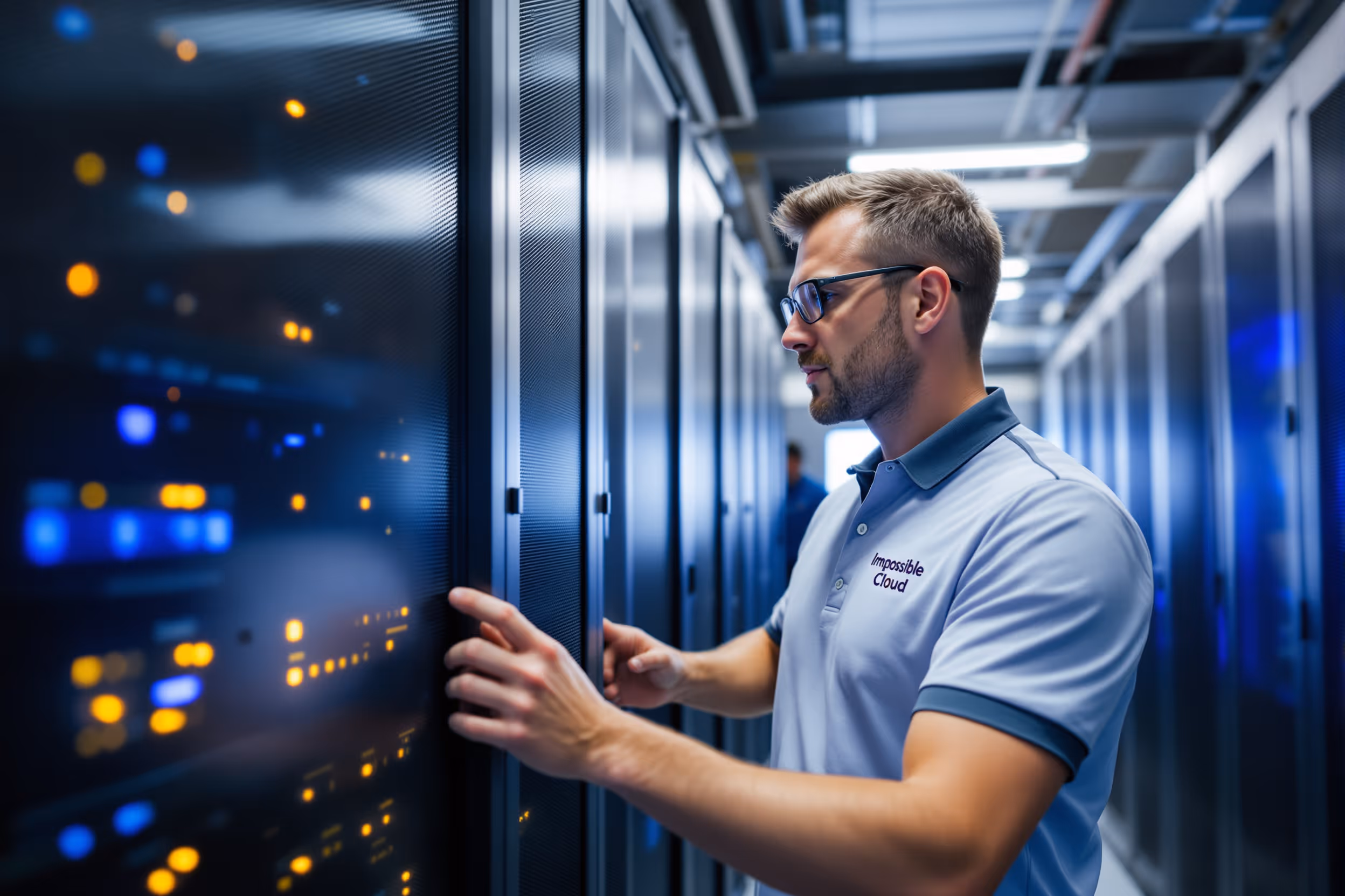Technician inspecting a server rack in a secure, GDPR-compliant European data center.