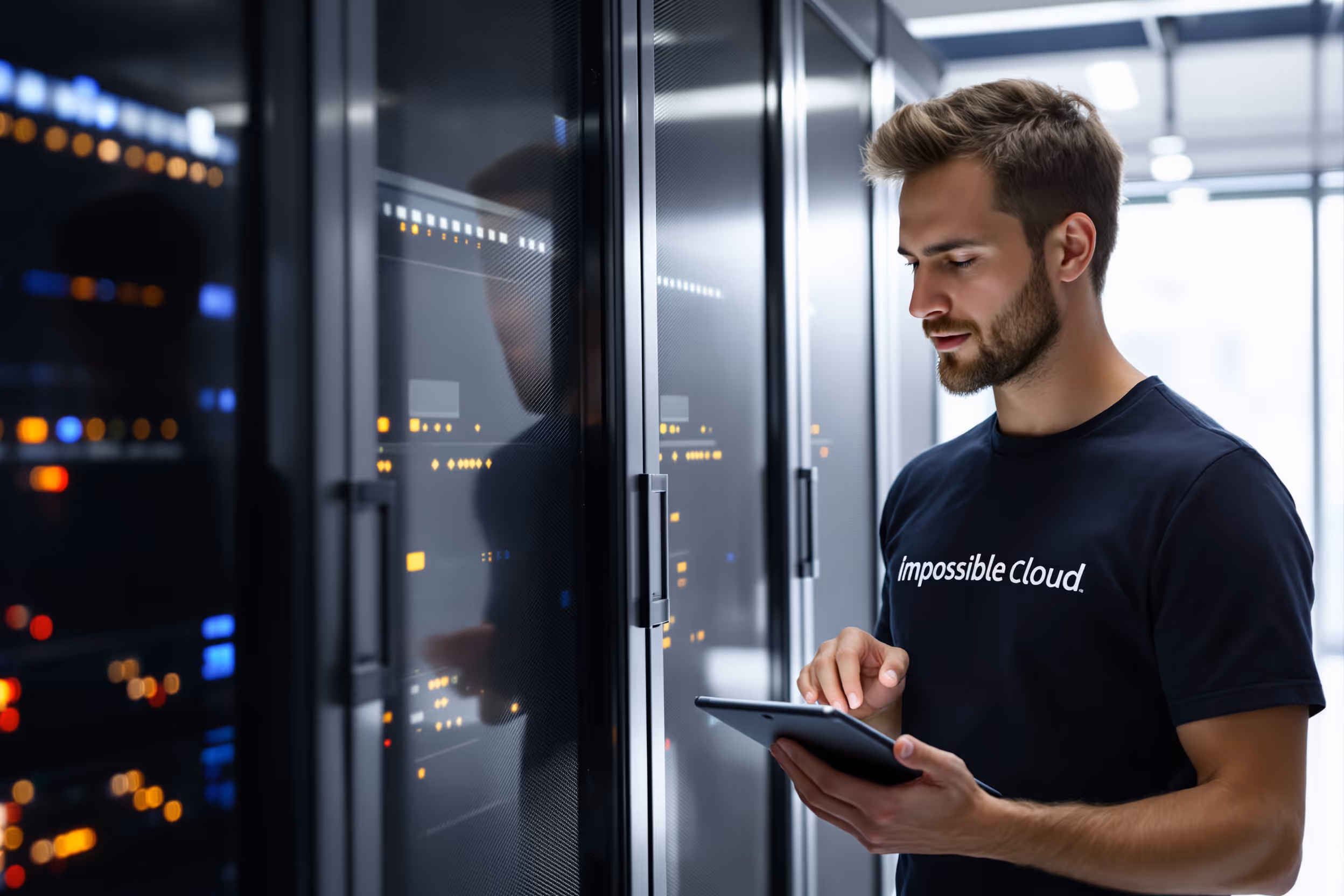 IT engineer monitoring secure data in a European data center.