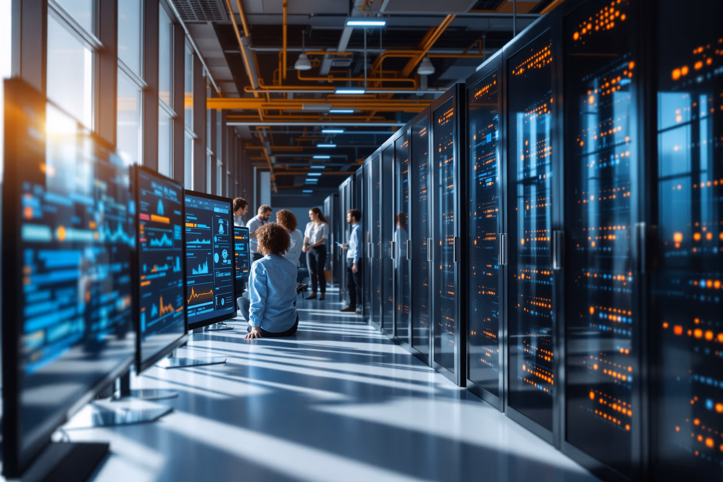 IT Professionals monitoring secure cloud infrastructure in a European data center.