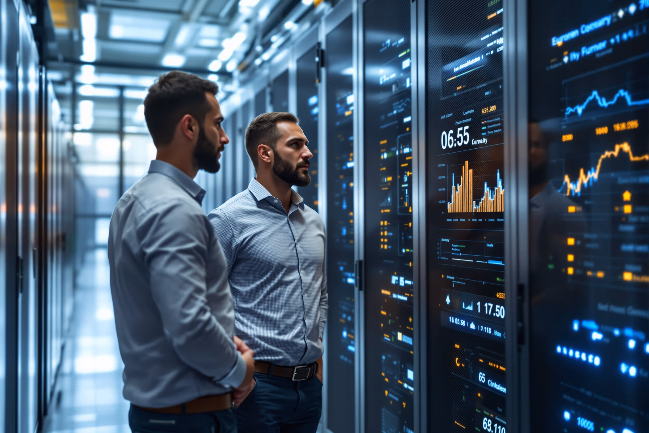 IT professionals collaborating in a modern European data center, emphasizing data sovereignty and security.
