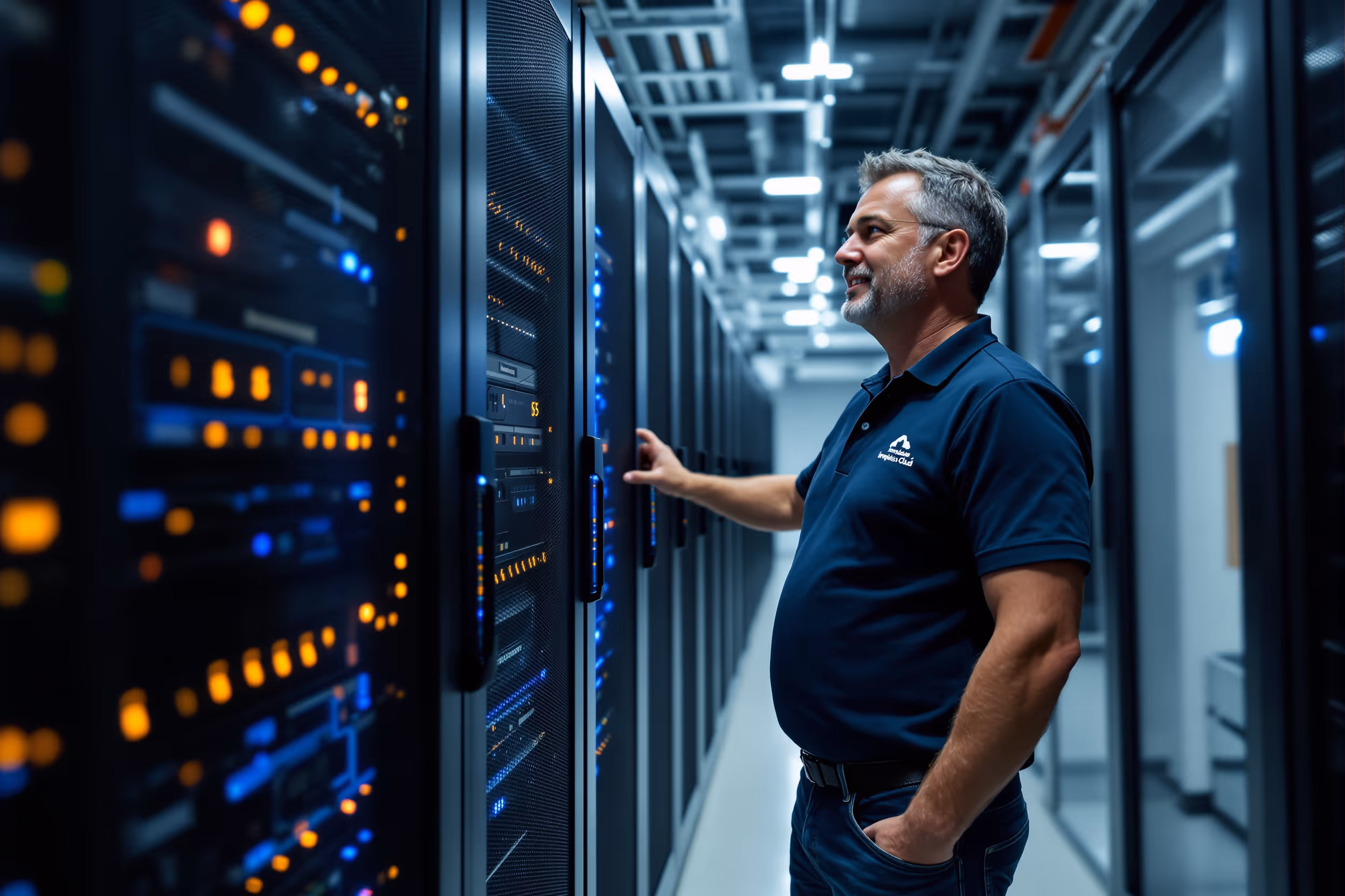 IT professional inspecting a secure server rack in a UK data center, highlighting the infrastructure for S3 API backup storage.