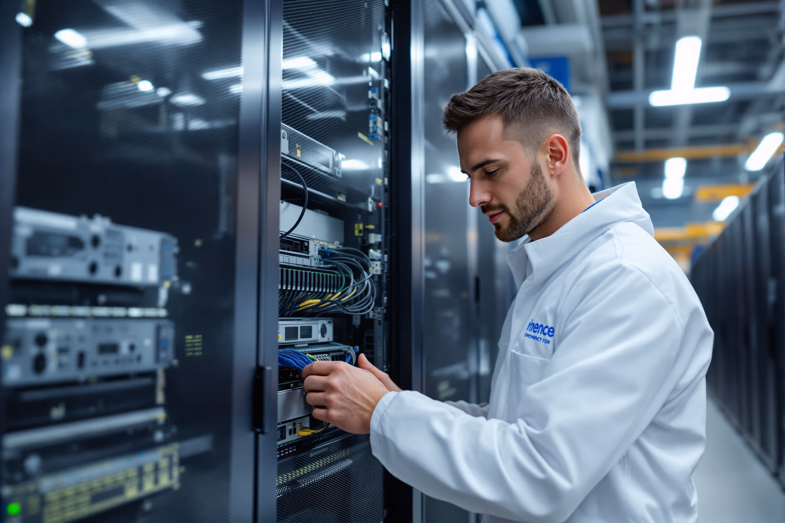 Technician working on data storage unit in a UK data center.