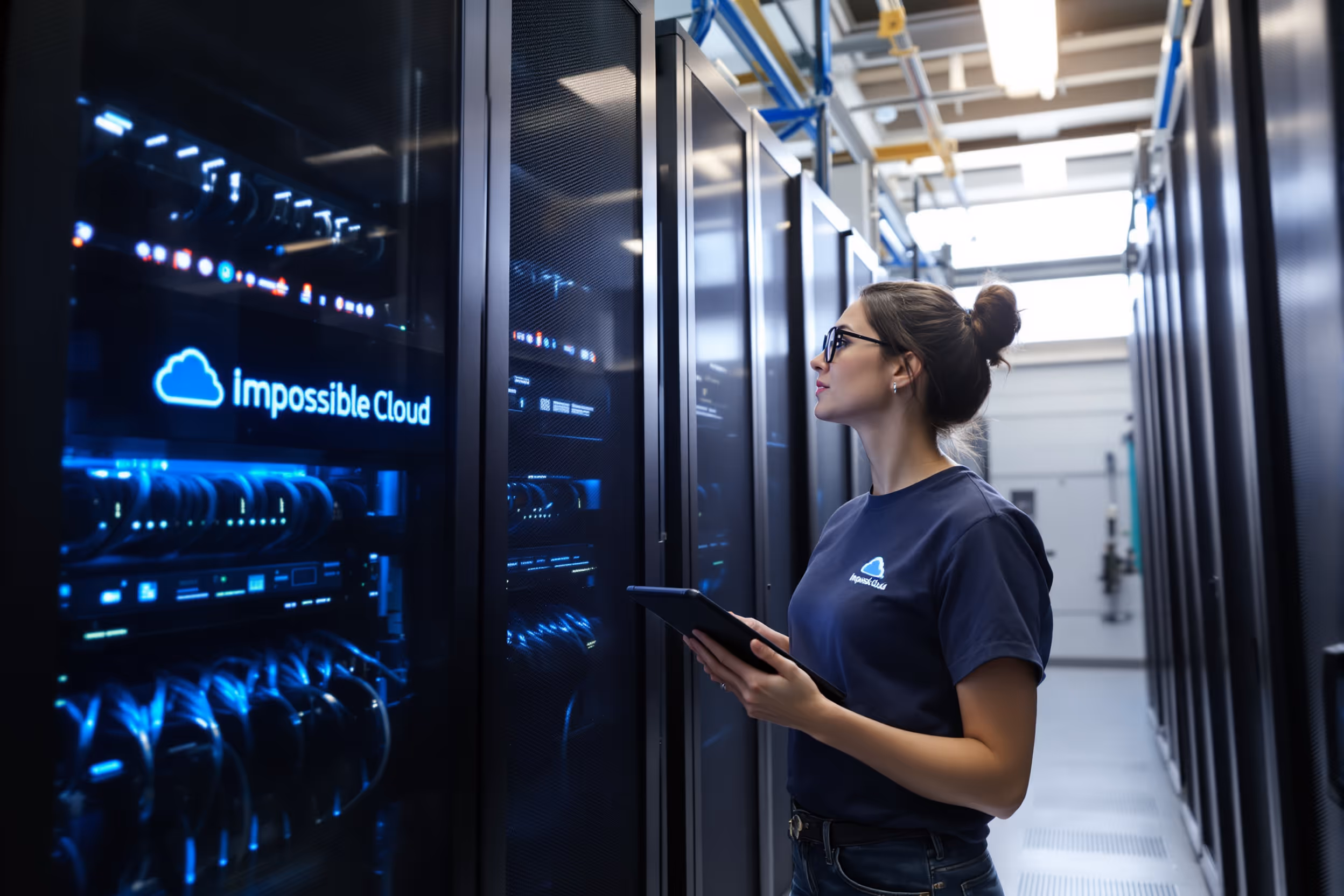 Security engineer inspecting an Impossible Cloud server rack in a UK data center, ensuring data sovereignty.