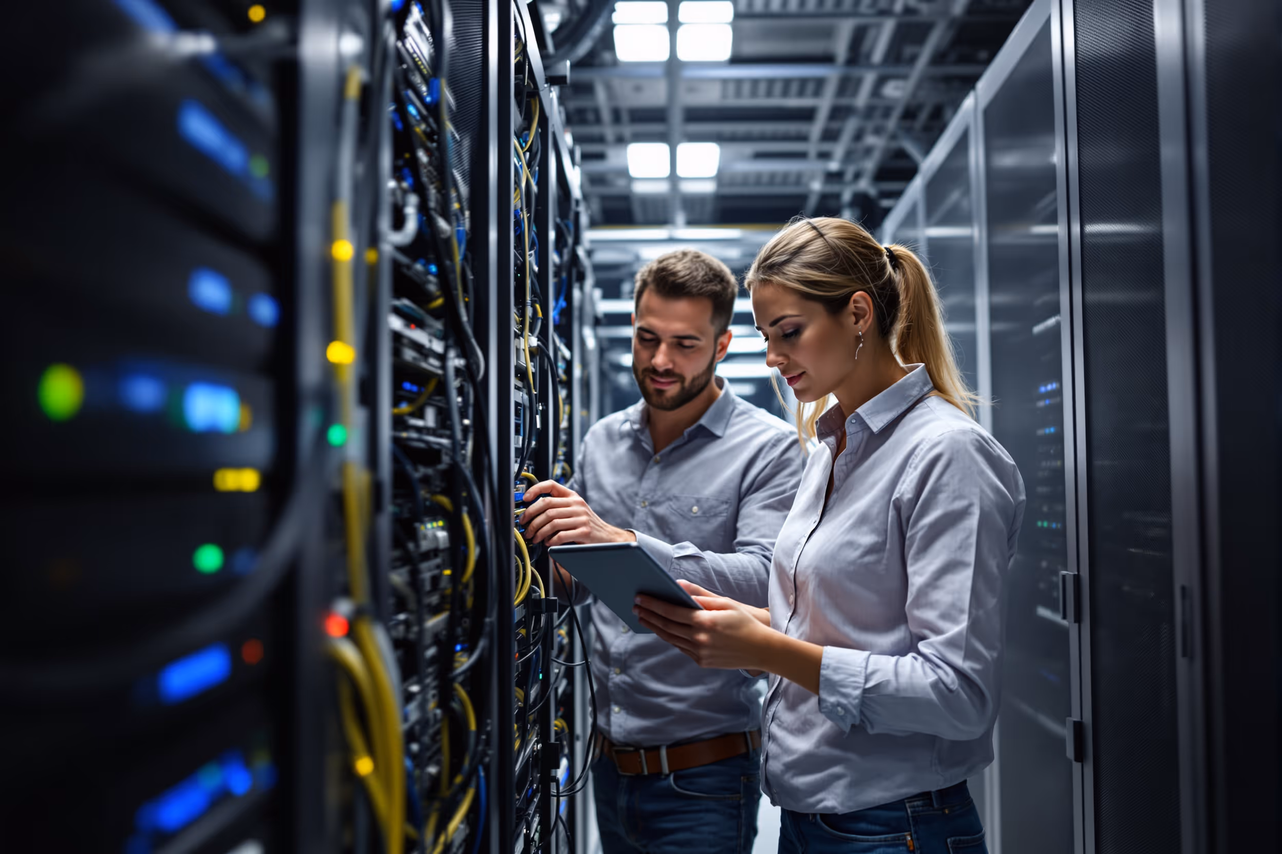 IT professionals managing servers in a UK data center, highlighting data sovereignty.