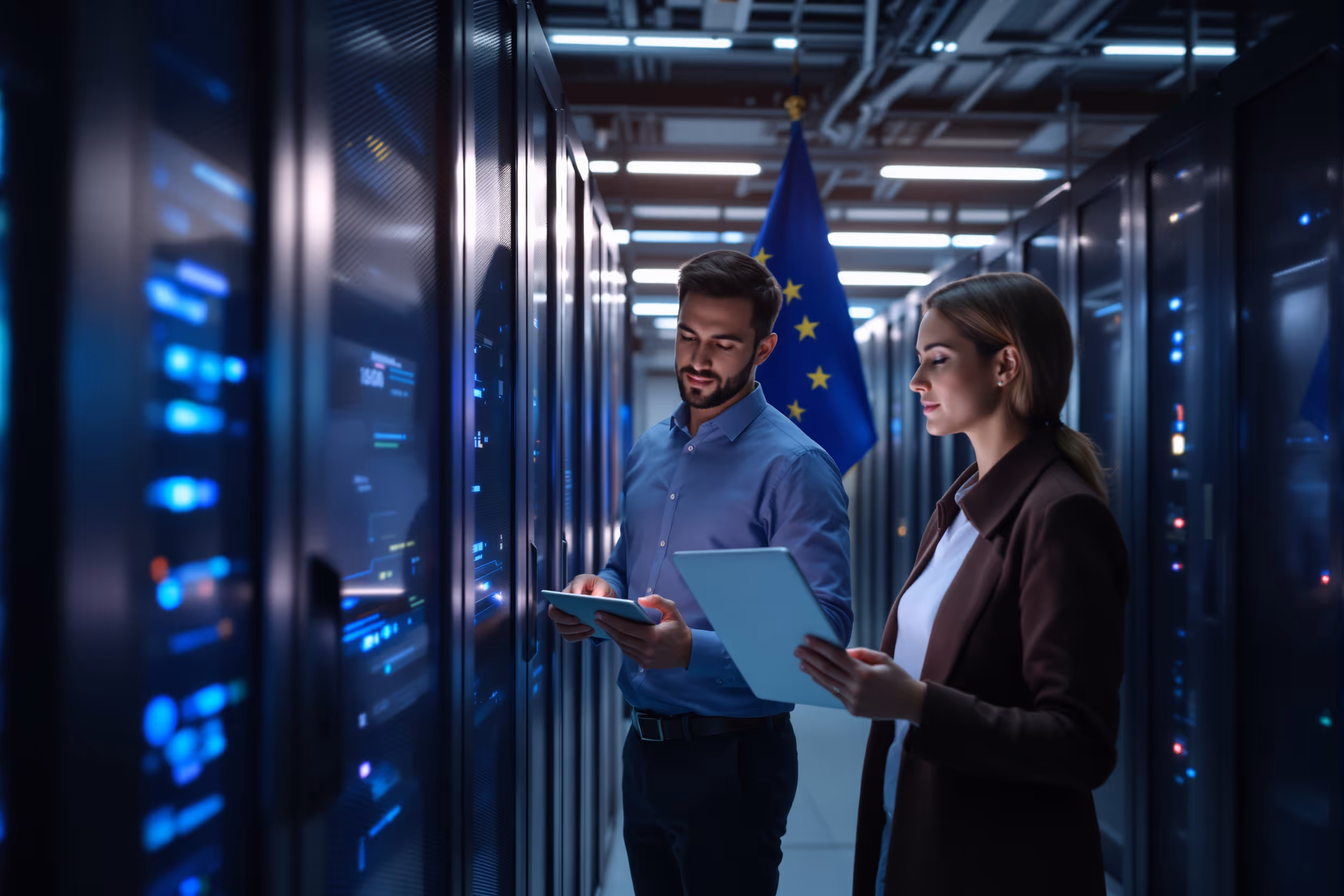 Secure European data center with IT professionals monitoring servers.
