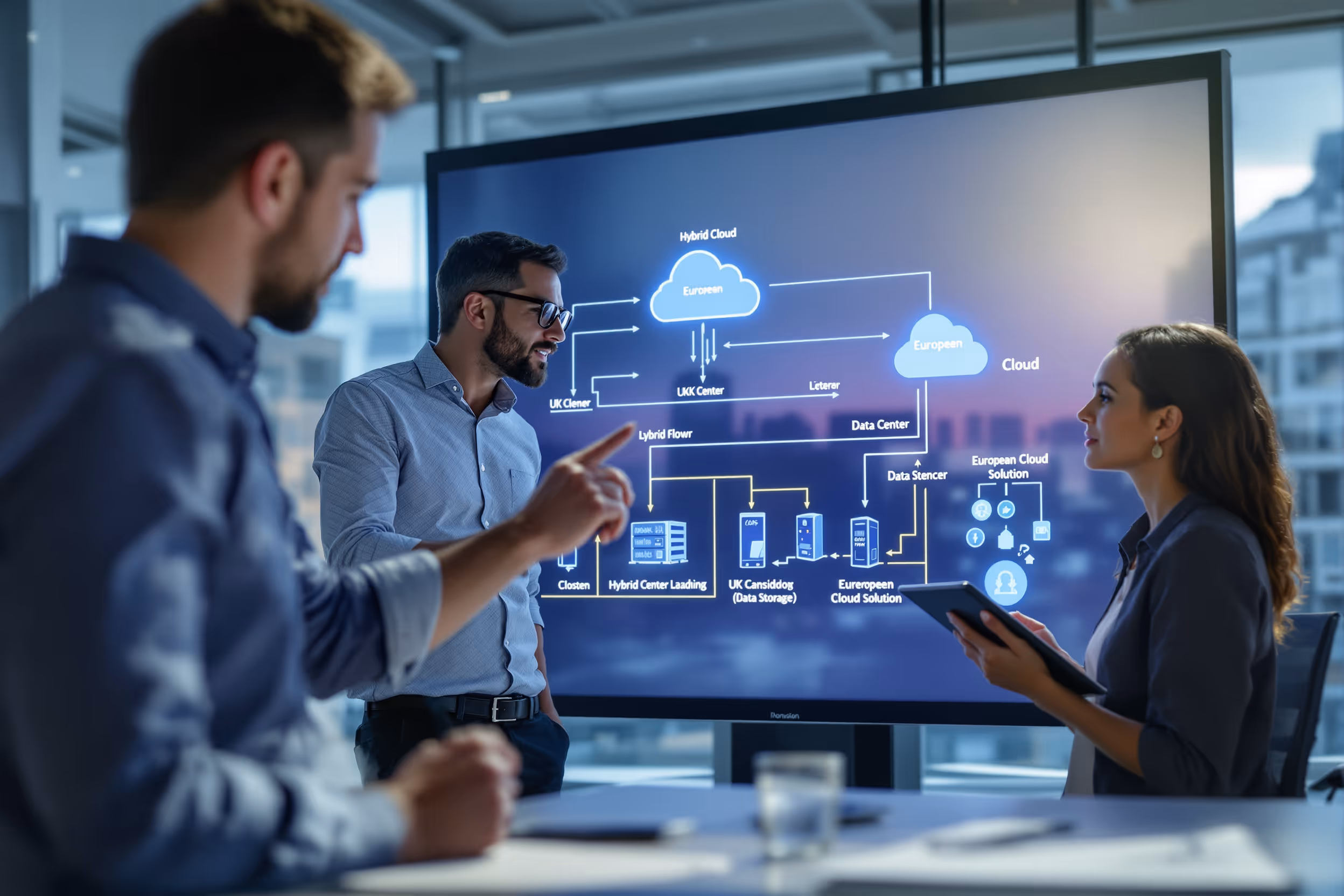 IT professionals in a UK office analyzing a data storage diagram, emphasizing data sovereignty and cost control in 2025.