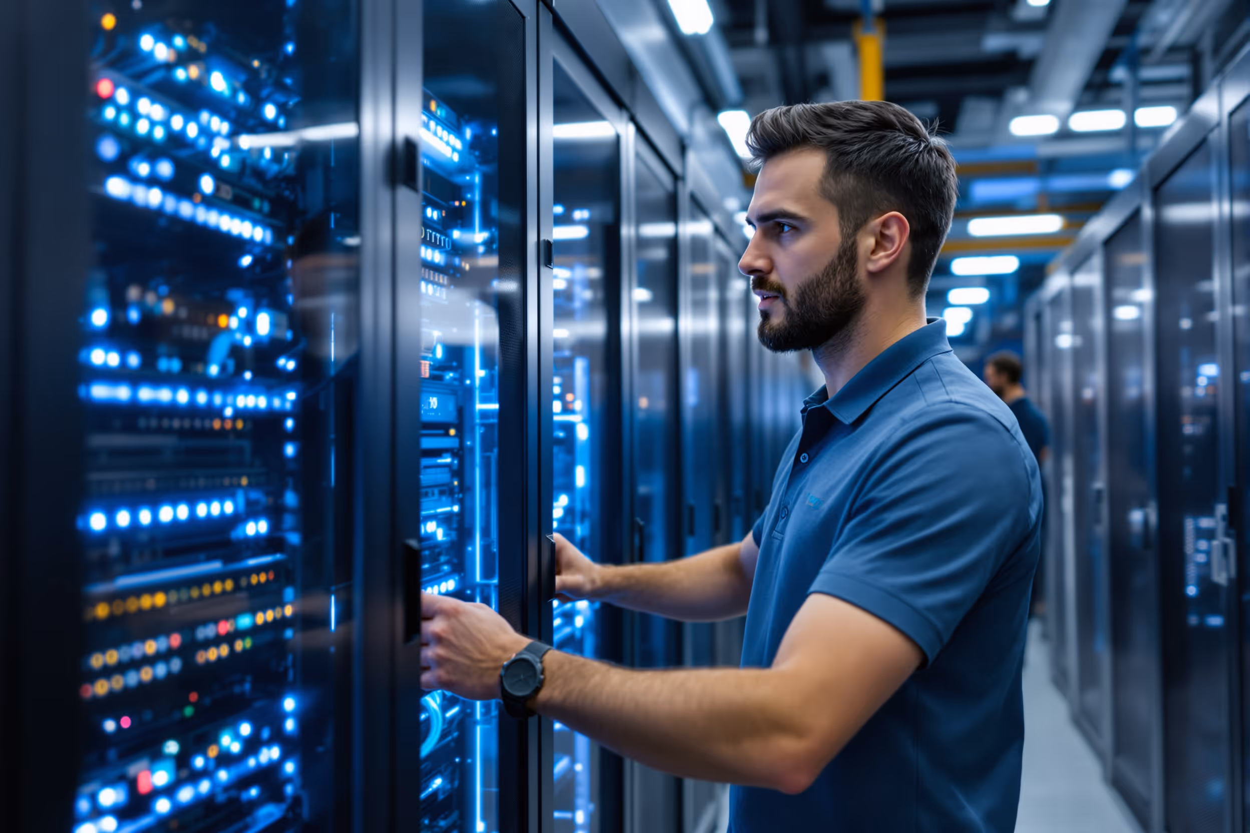IT professional inspecting a server rack in a secure, GDPR-compliant European data center.