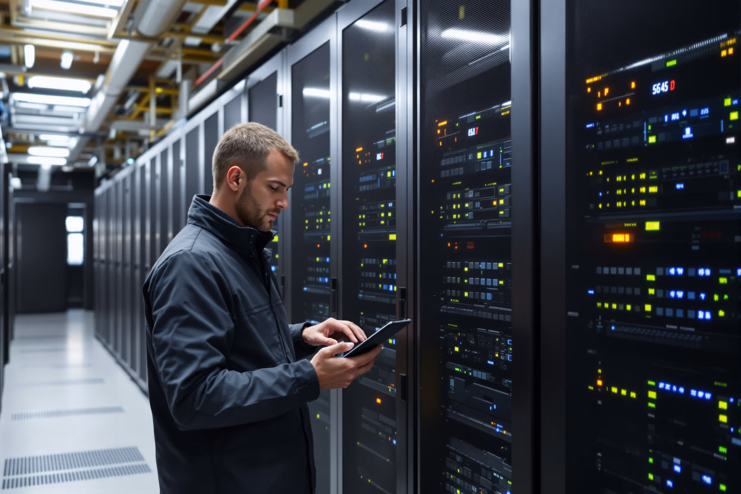 IT professional monitoring servers in a UK data center, emphasizing secure and sovereign cloud storage.
