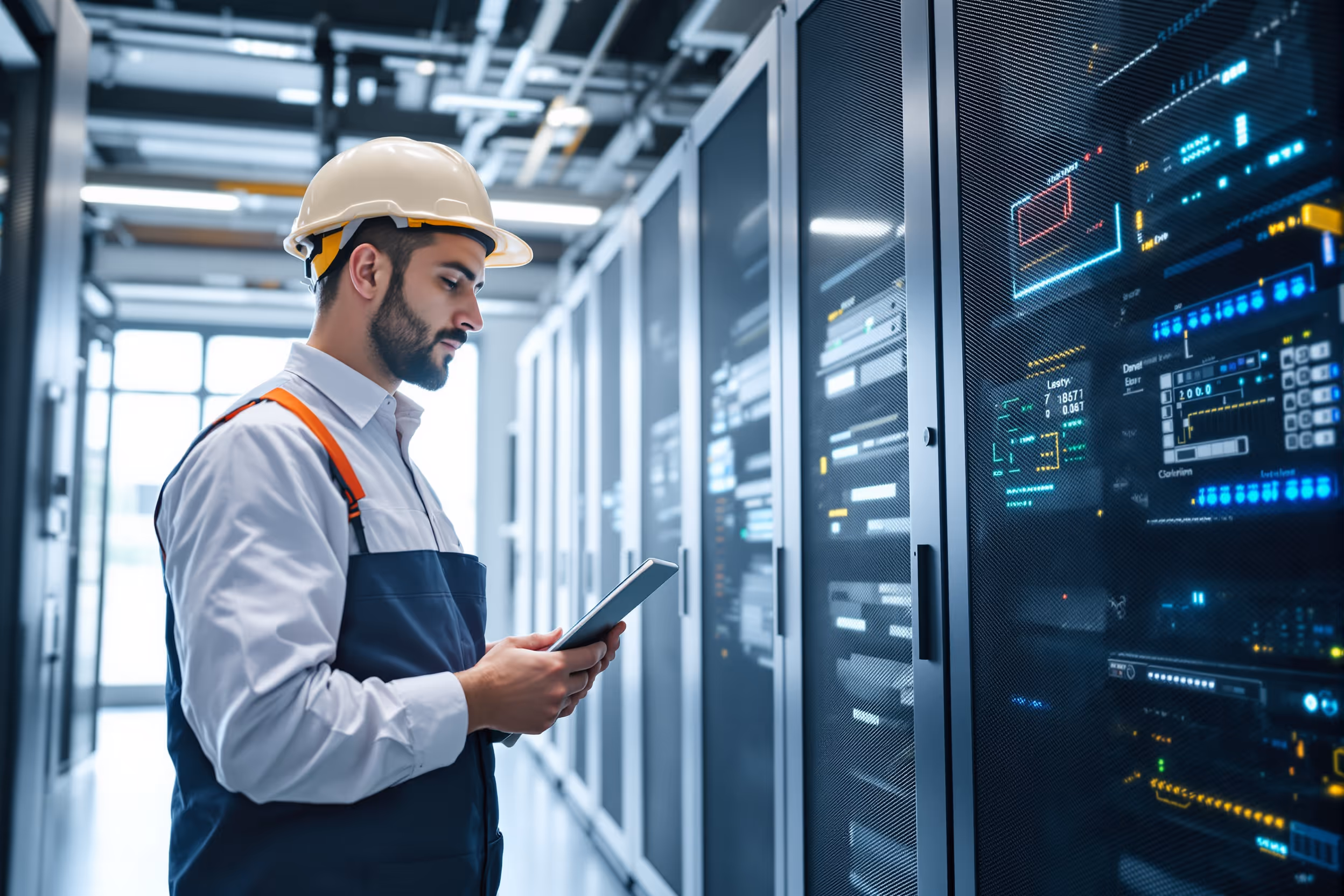 Technician working in a secure data center in the UK, emphasizing sovereign cloud storage.