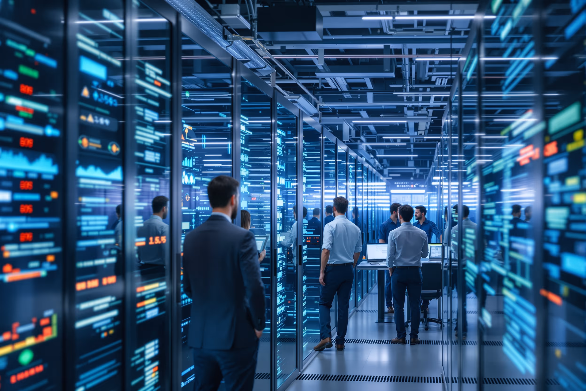IT professionals monitoring energy-efficient data storage systems in a modern European data center.