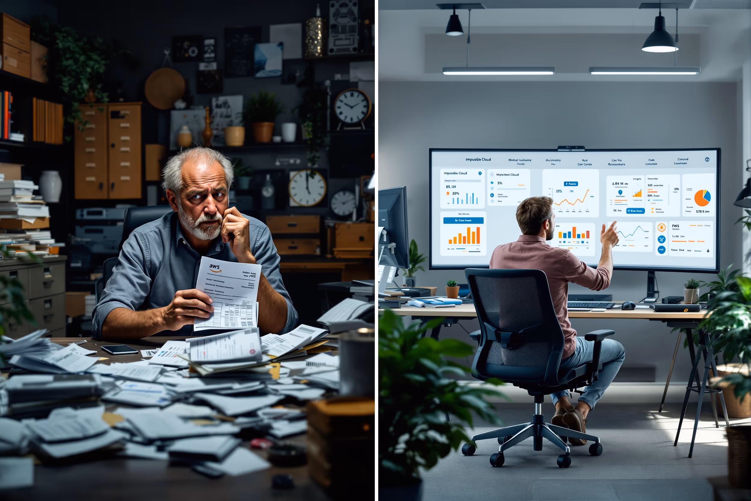 IT professional in the UK struggling with AWS hidden costs versus an IT professional effortlessly managing cloud storage with Impossible Cloud.