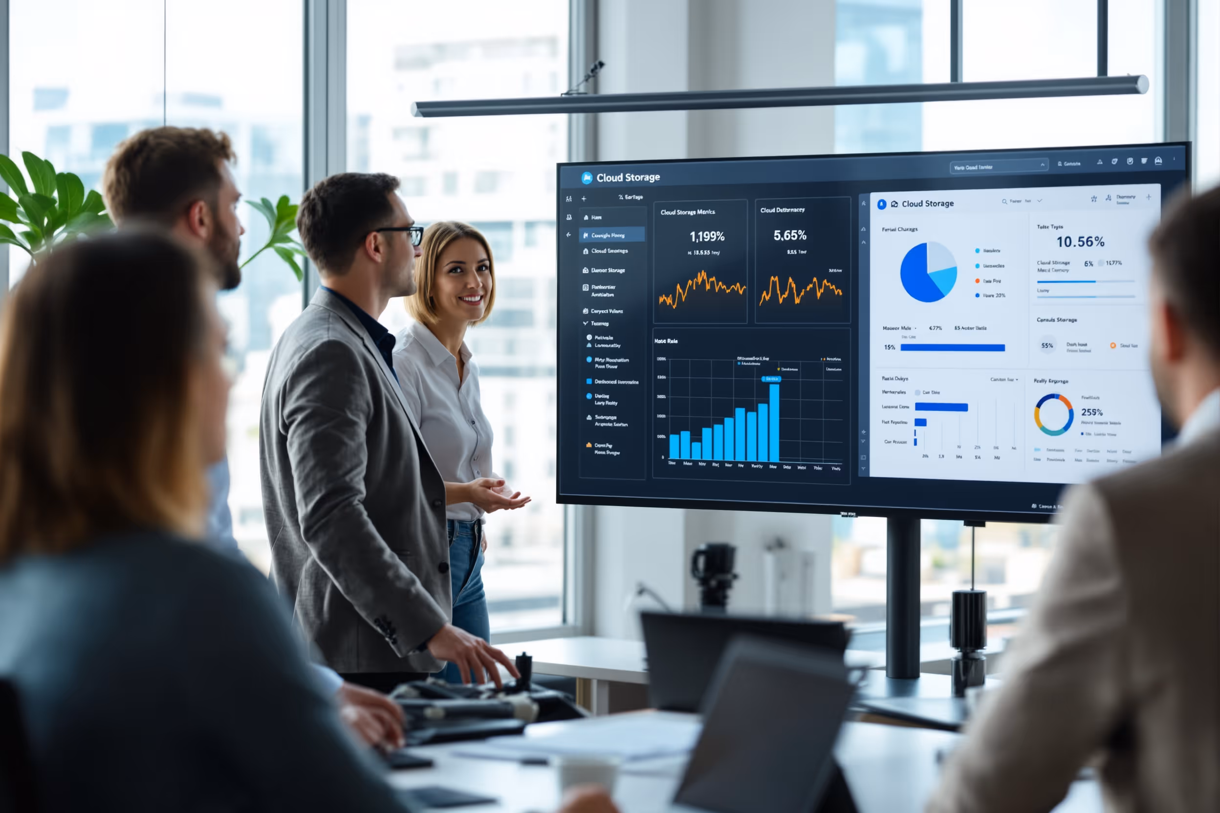 IT team in a UK office discussing cloud storage metrics on a dashboard, highlighting data sovereignty and cost efficiency.