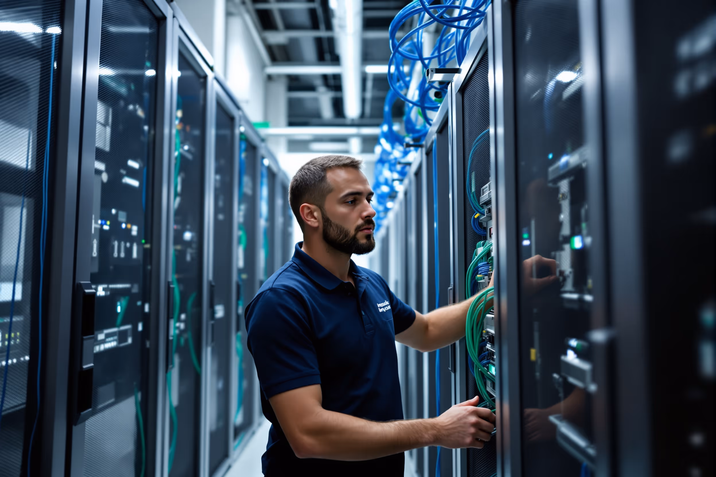 Technician working in a UK data center, highlighting Impossible Cloud's UK data sovereignty.