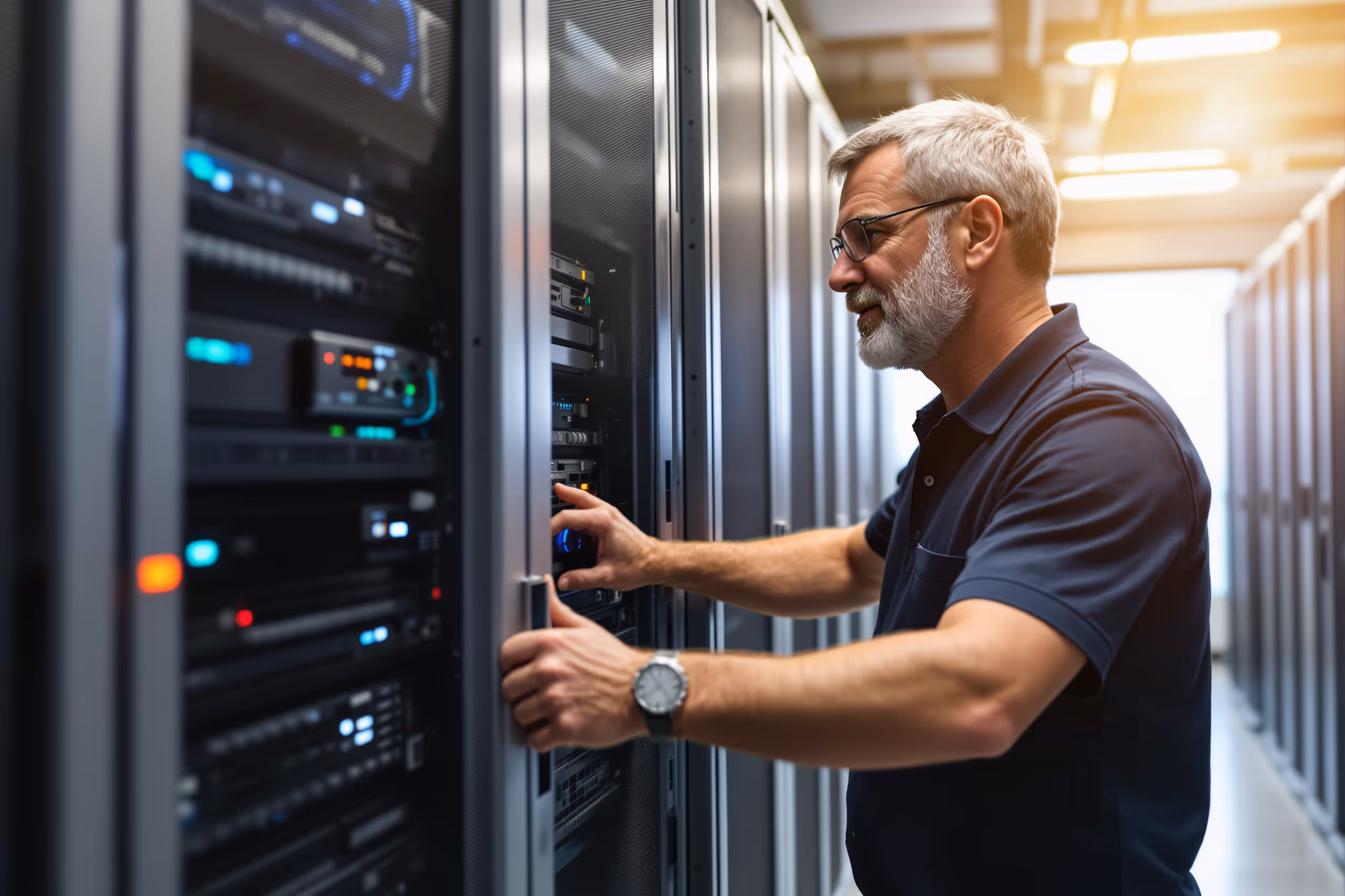 IT professional inspecting servers in a European data center.