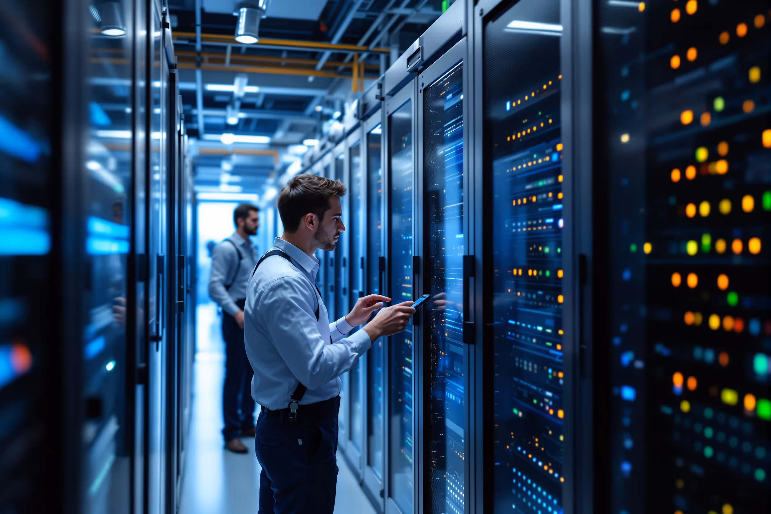 Secure European data center with technicians maintaining GDPR-compliant cloud storage servers.