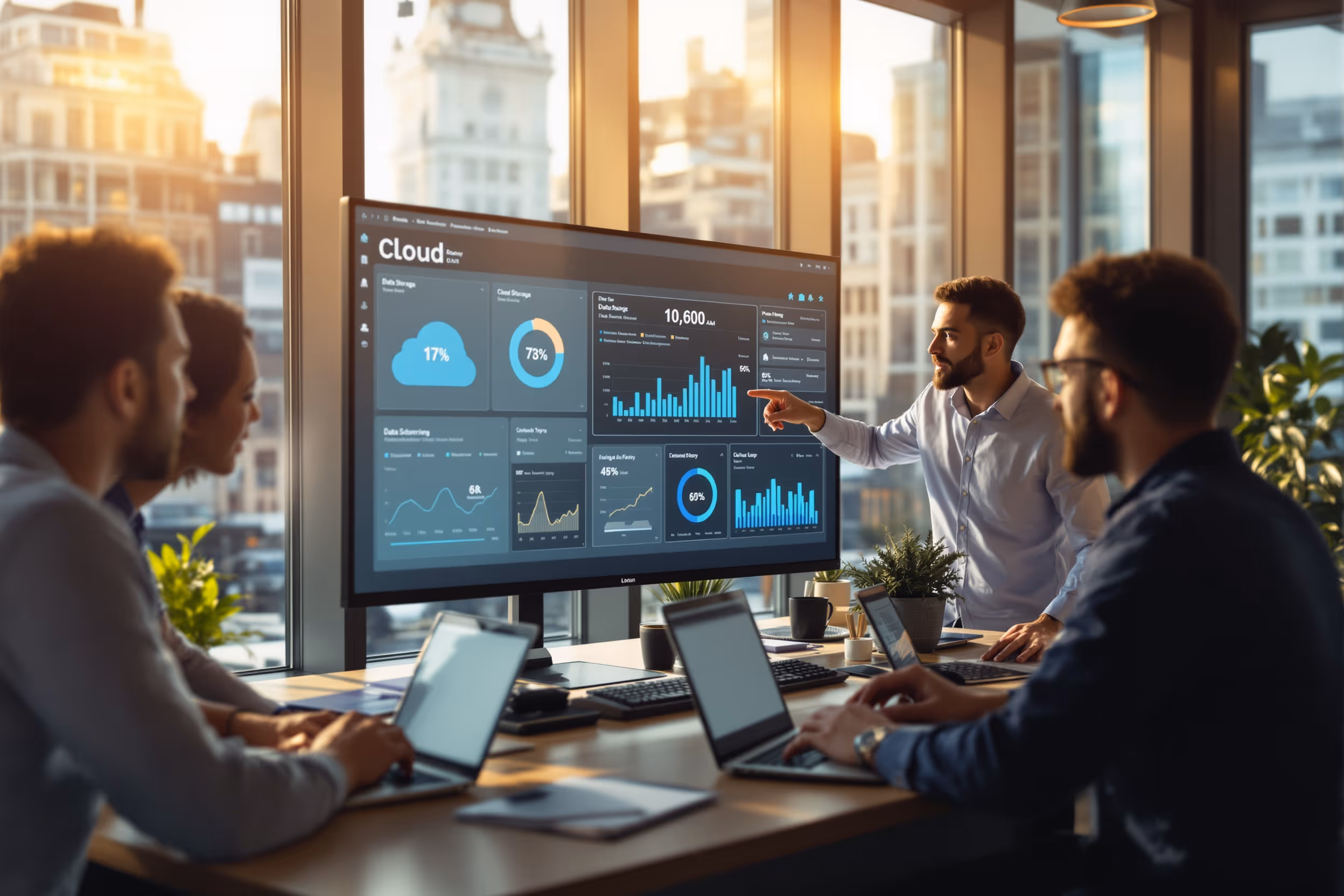 IT team in London analyzing cloud storage metrics, focusing on data sovereignty.