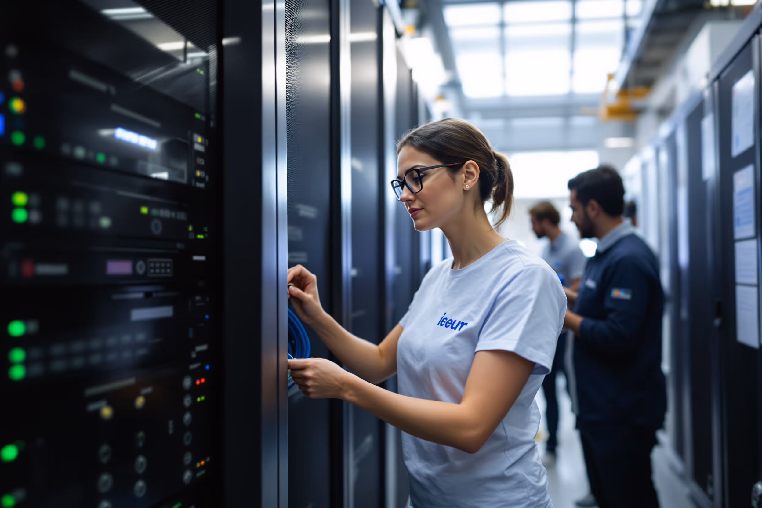 IT professionals managing data storage servers in a secure European data center.