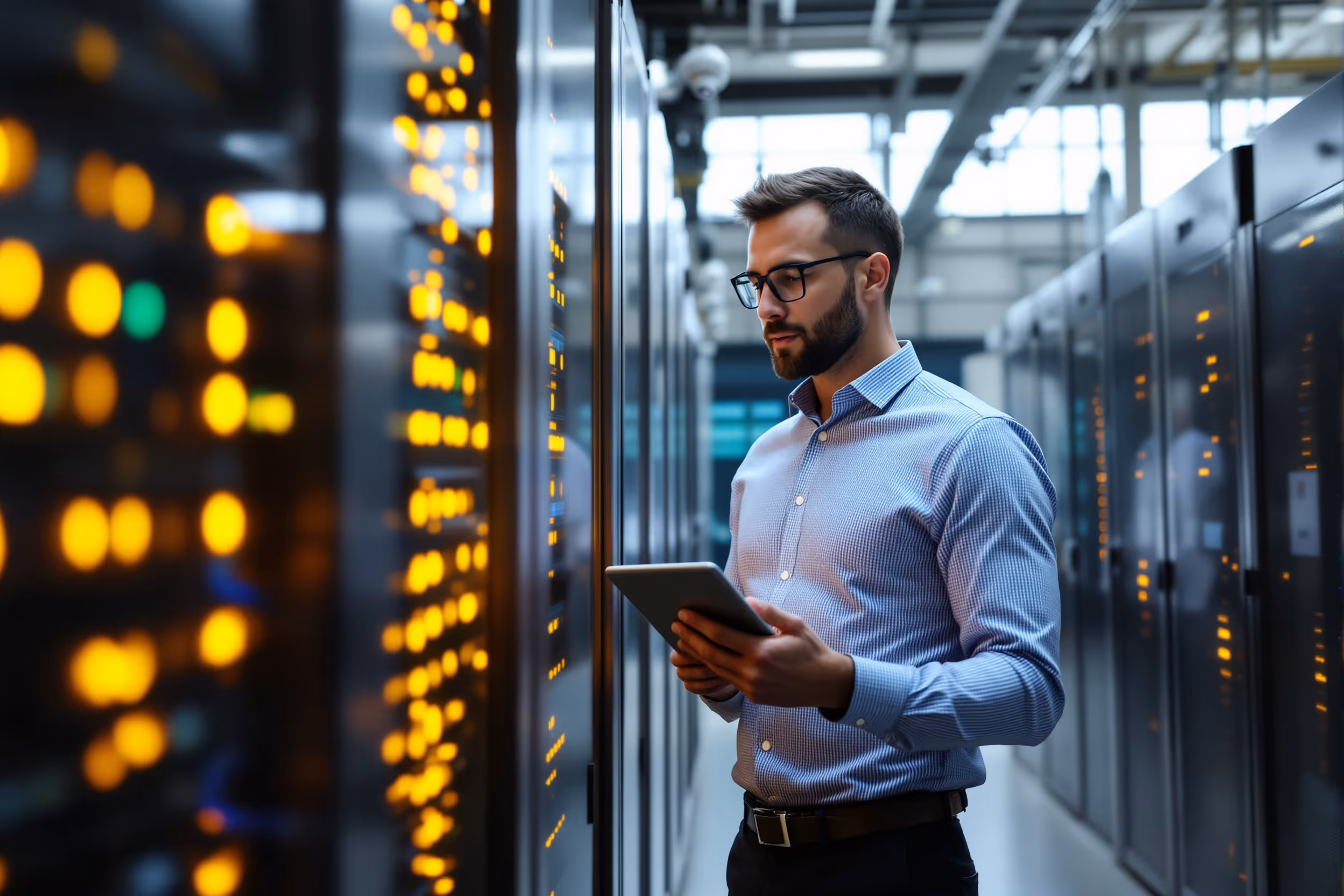 IT professional inspecting server rack in a secure, European data center.