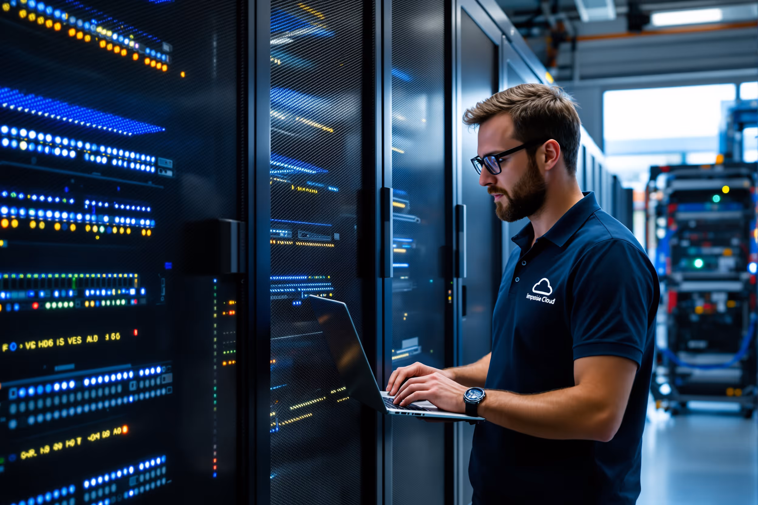 IT professional managing server rack in a secure European data center, highlighting data sovereignty.