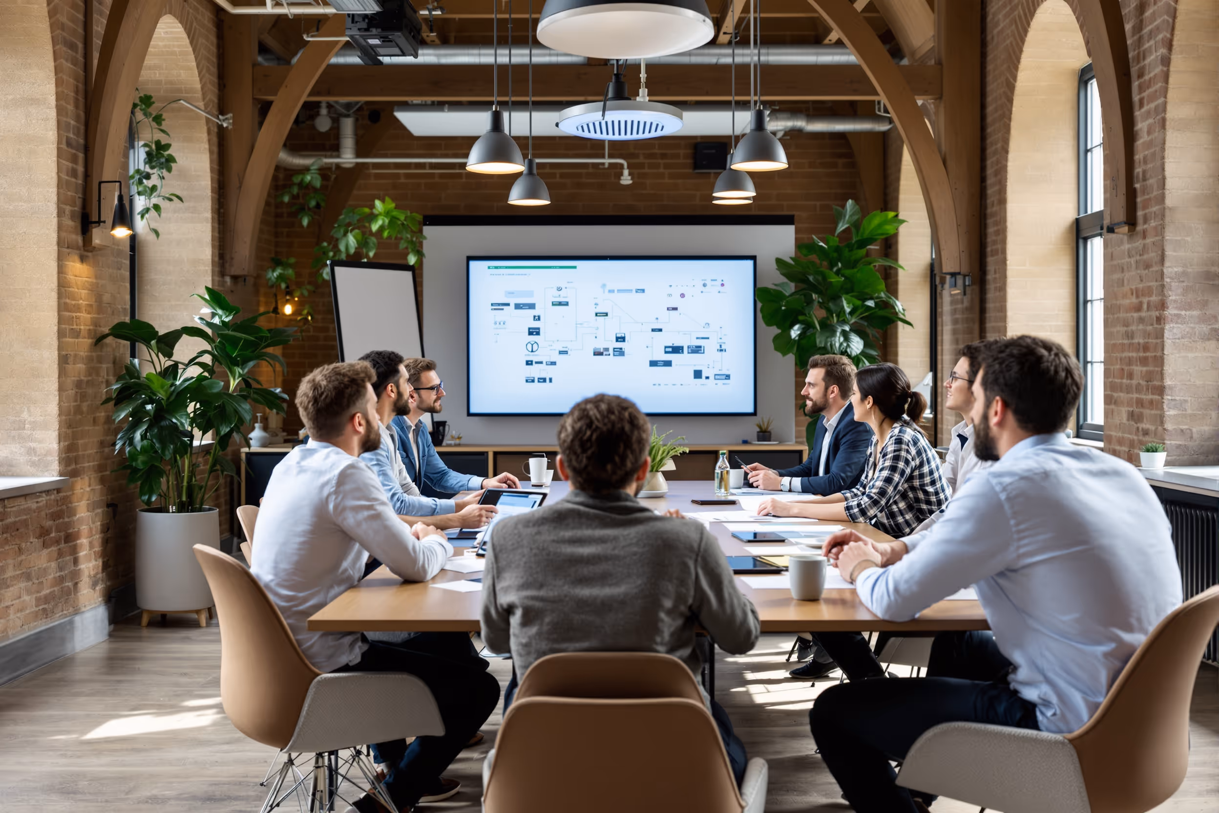 IT professionals collaborating on cloud infrastructure plans in a modern London office.