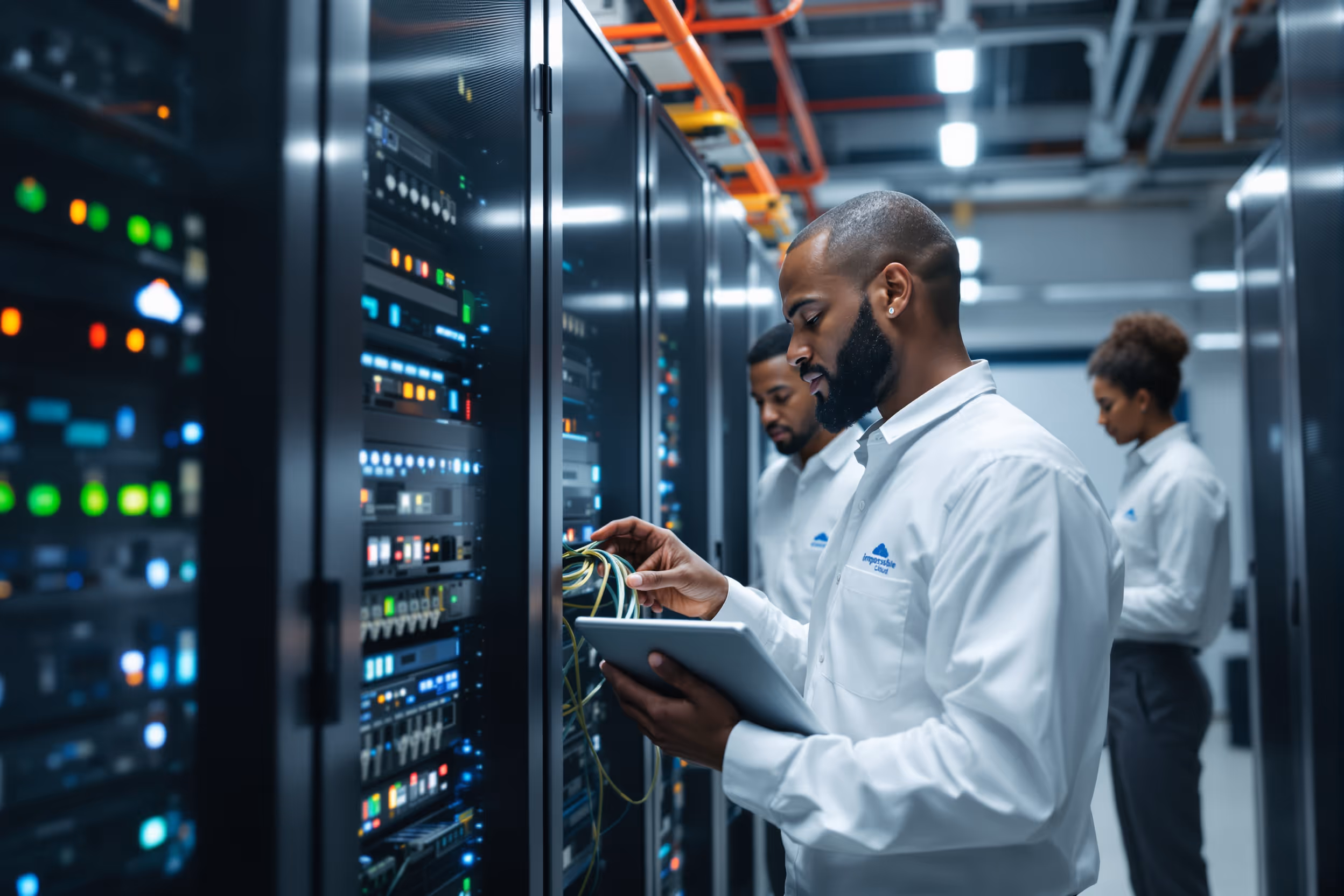 Technicians working in a secure, European data center managing sovereign hybrid edge cloud storage.