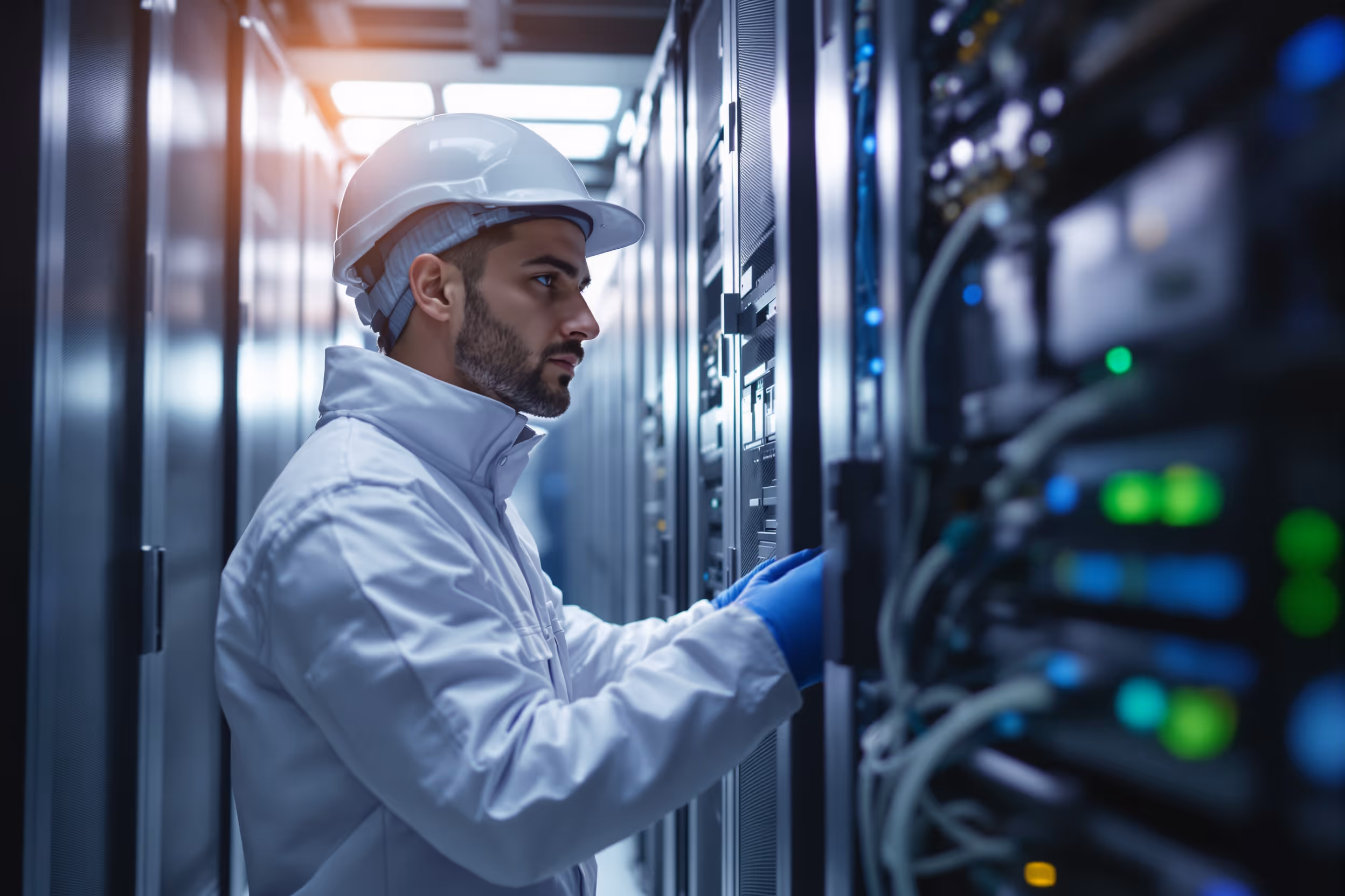 A technician inspecting server racks in a Manchester data center, emphasizing secure and reliable European data storage.
