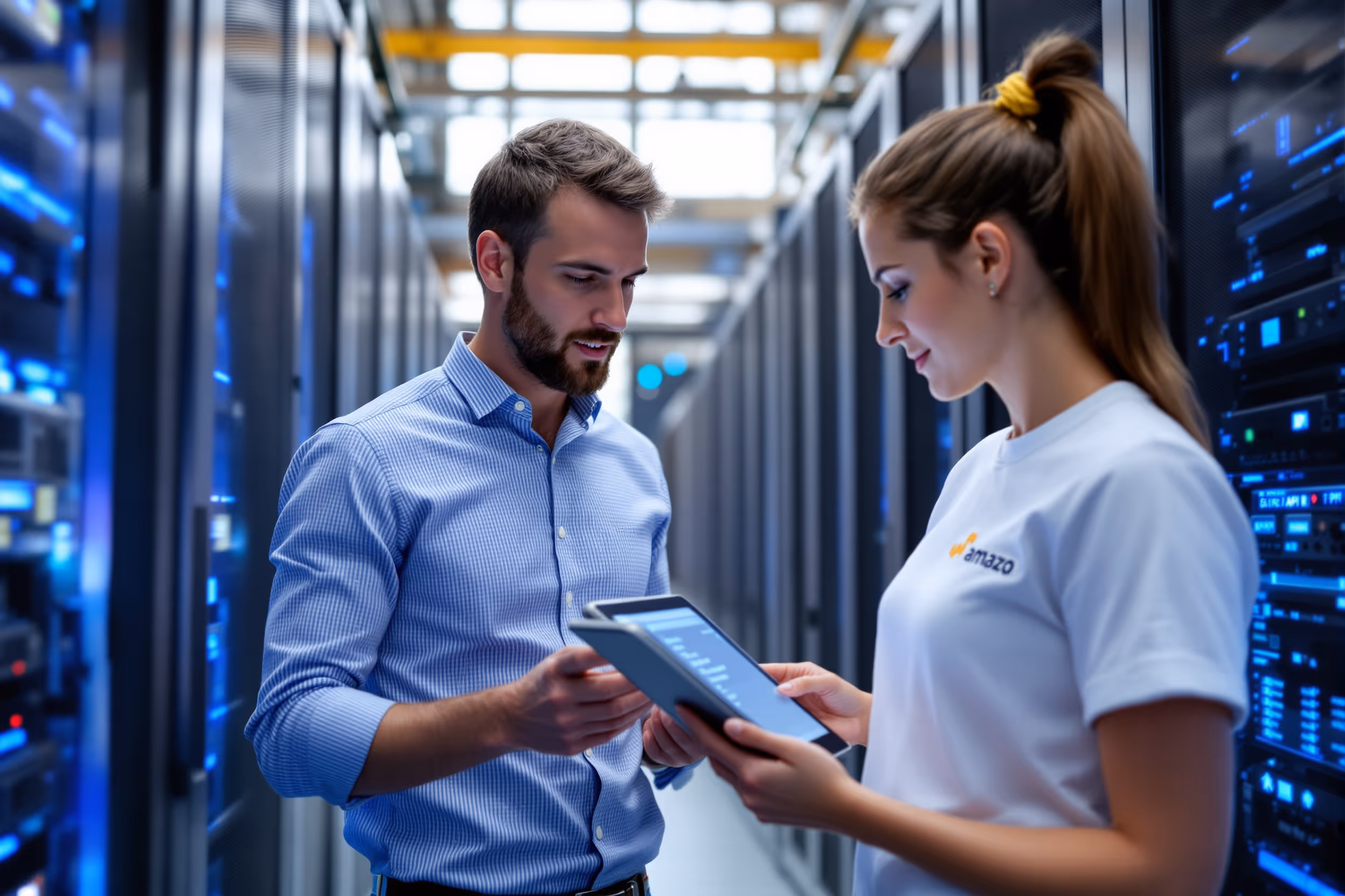 Cloud architect and technician consulting S3 API interface in a European data center.