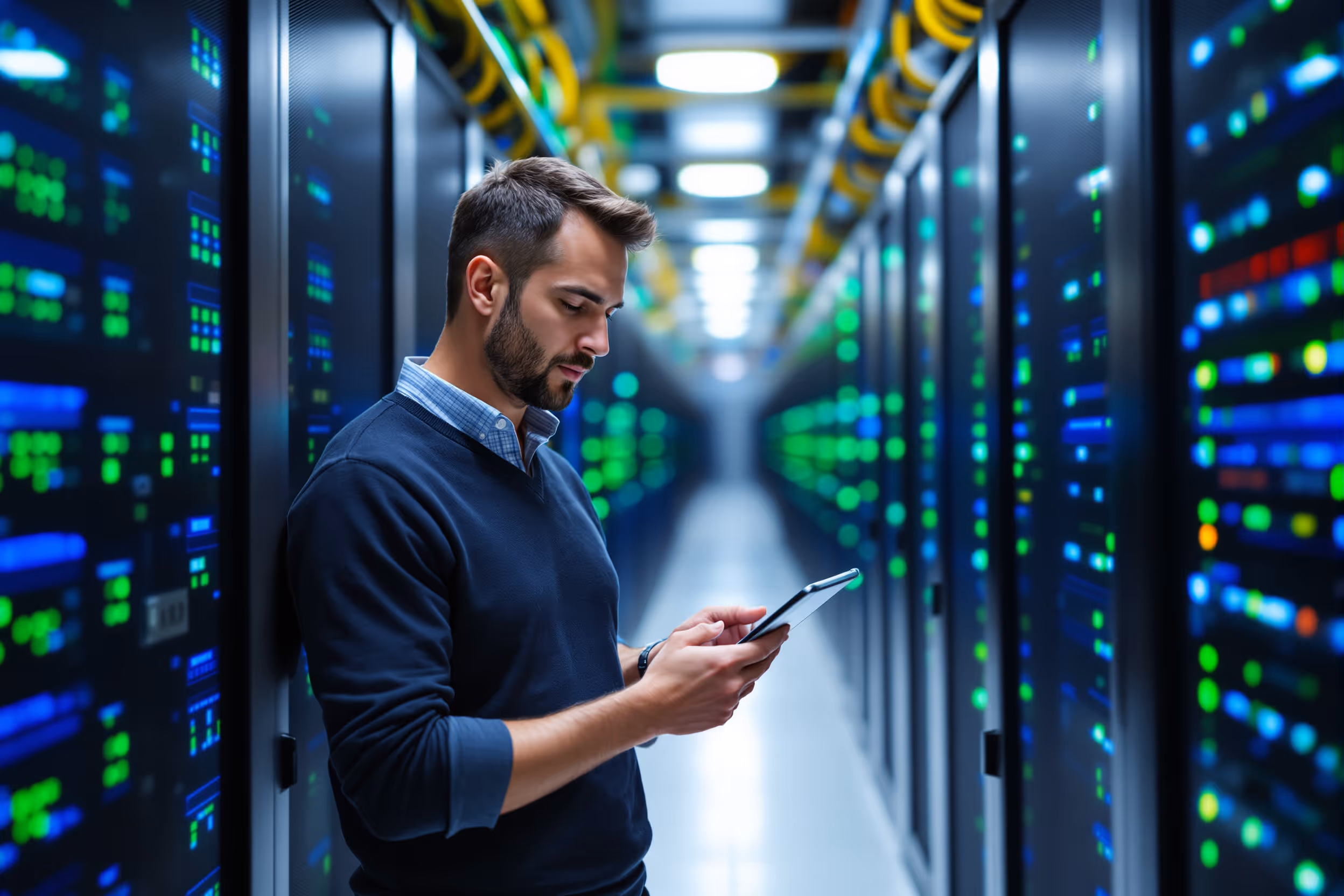 IT professional reviewing server logs in a secure European data center, emphasizing data sovereignty.