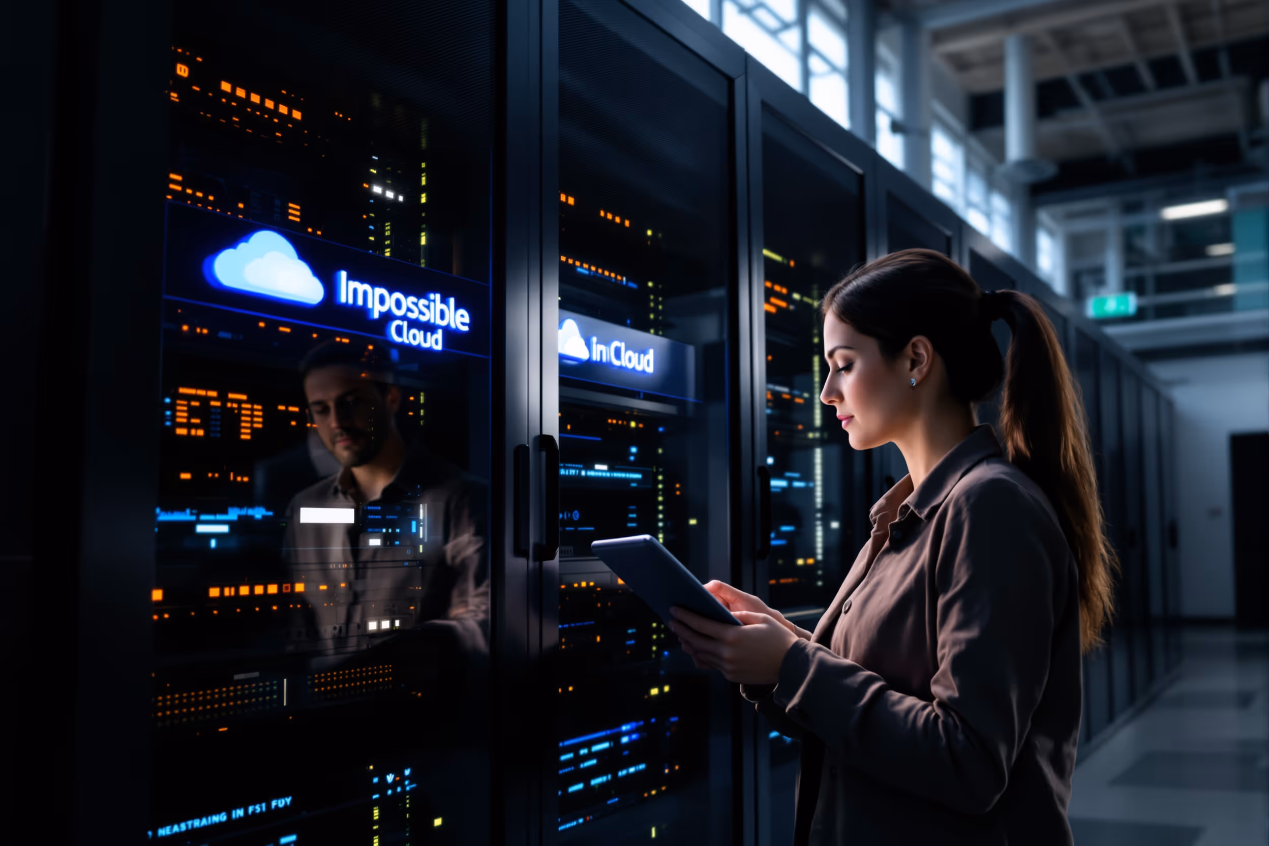 IT professionals manage data transfer in a UK data center, emphasizing secure and sovereign cloud solutions.