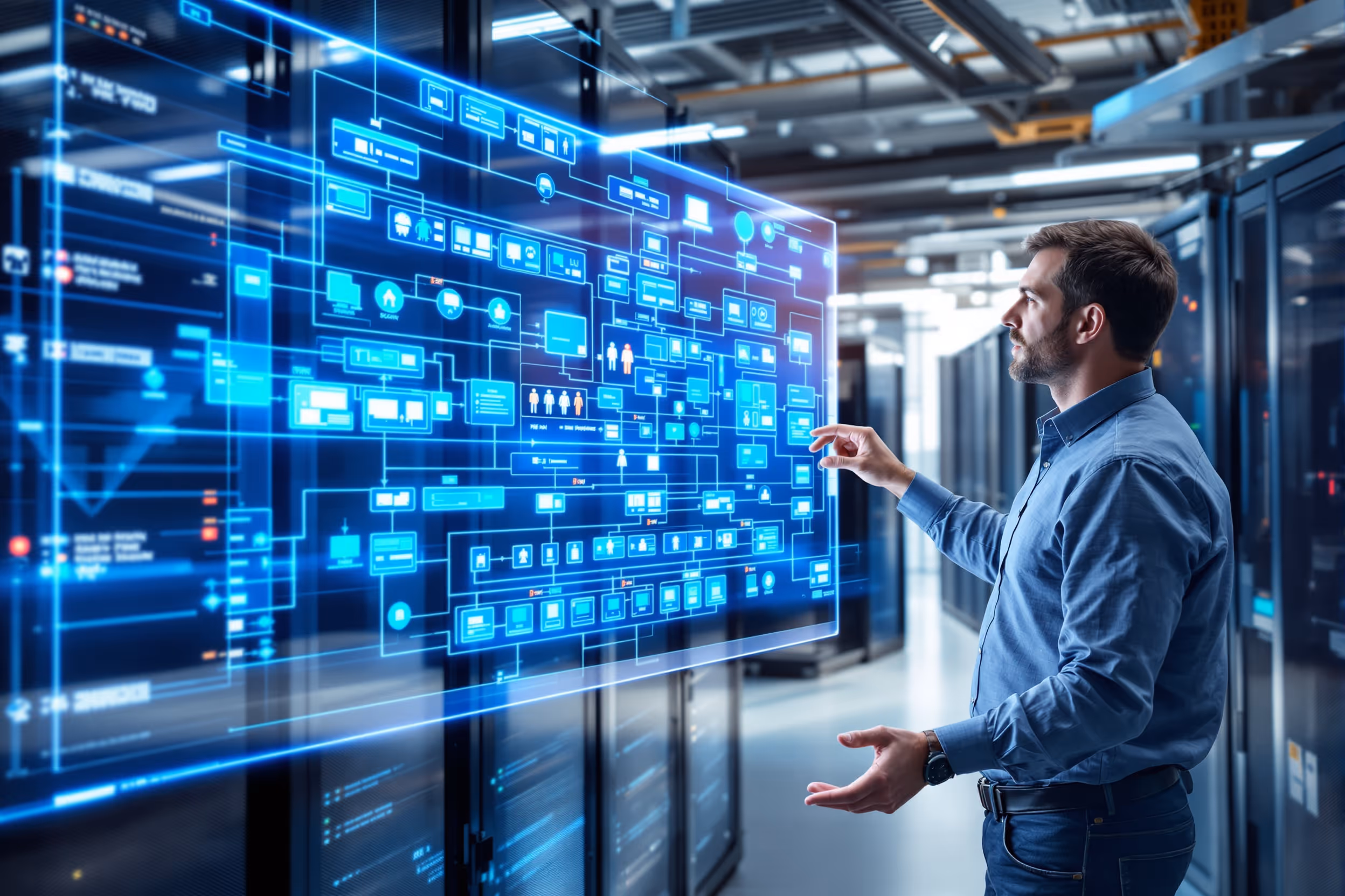 An IT architect in a UK data center reviews a holographic architectural diagram focused on storage performance tuning.