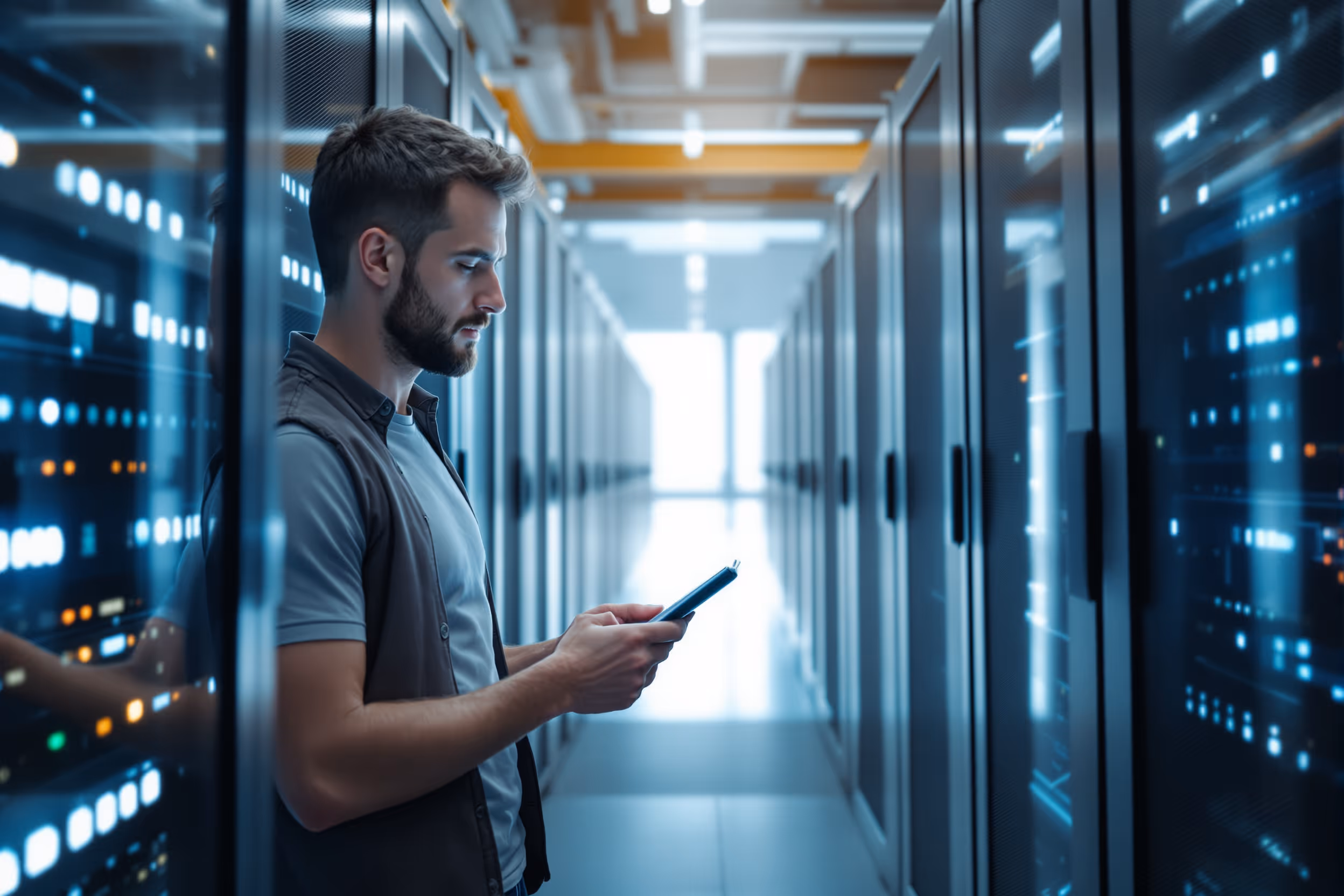 IT professional monitoring data storage in a secure European data center in 2025.