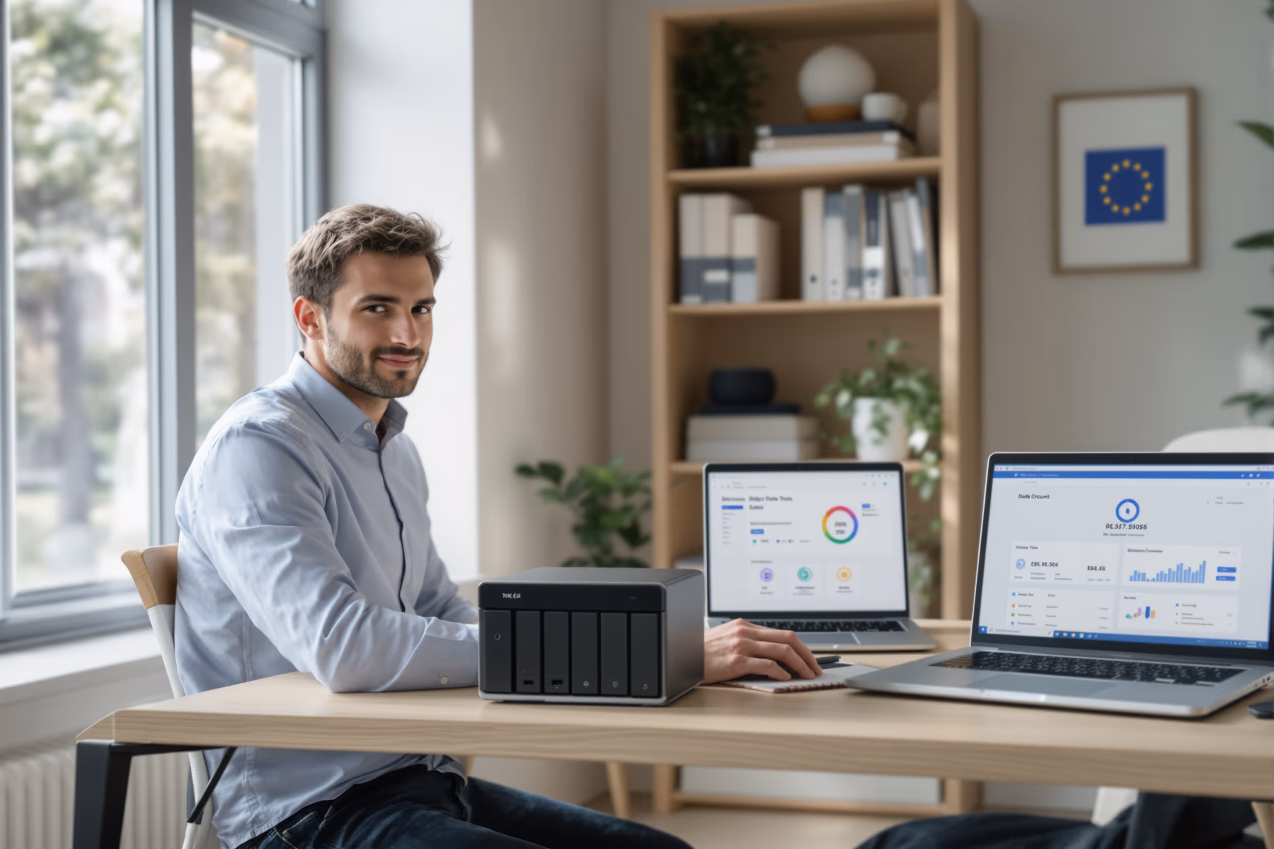 Secure data object storage setup in a professional home office, emphasizing EU compliance.