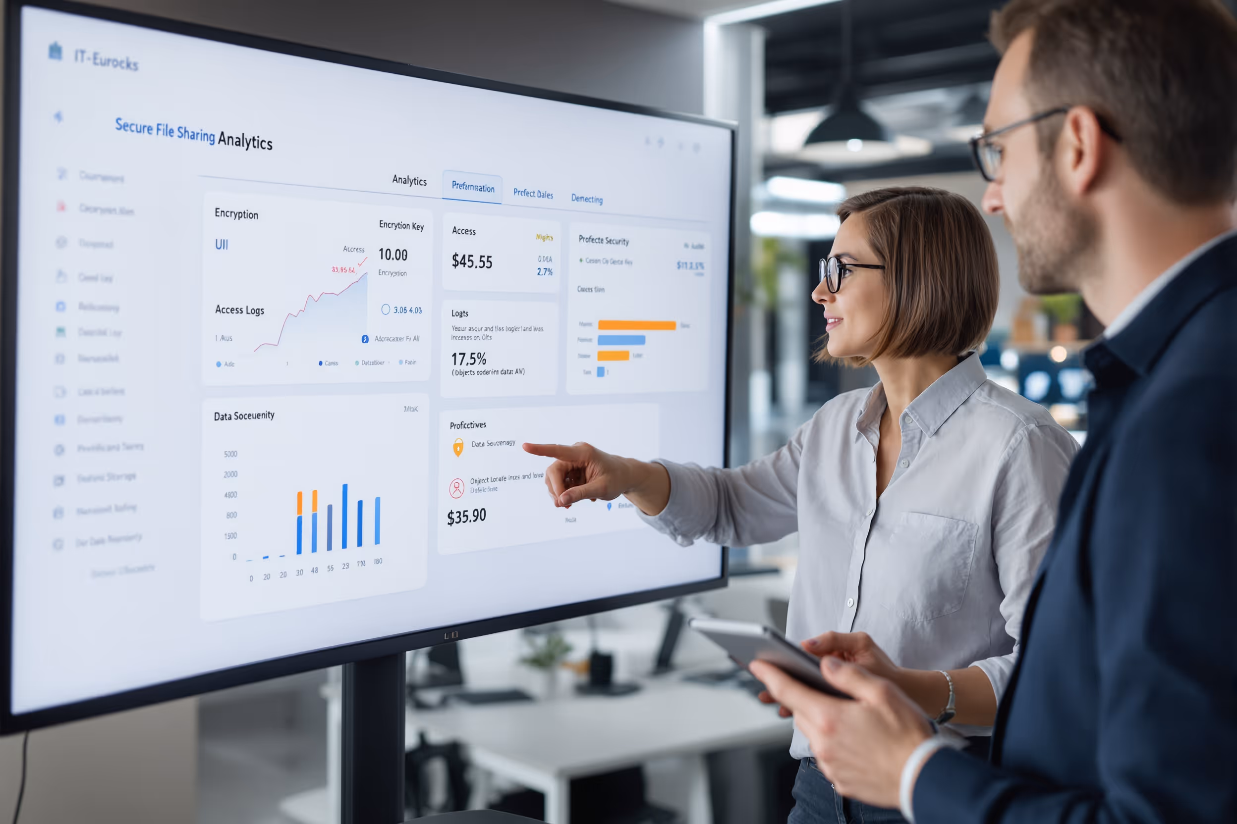 IT professionals collaborating on secure file sharing analytics in a modern European office.