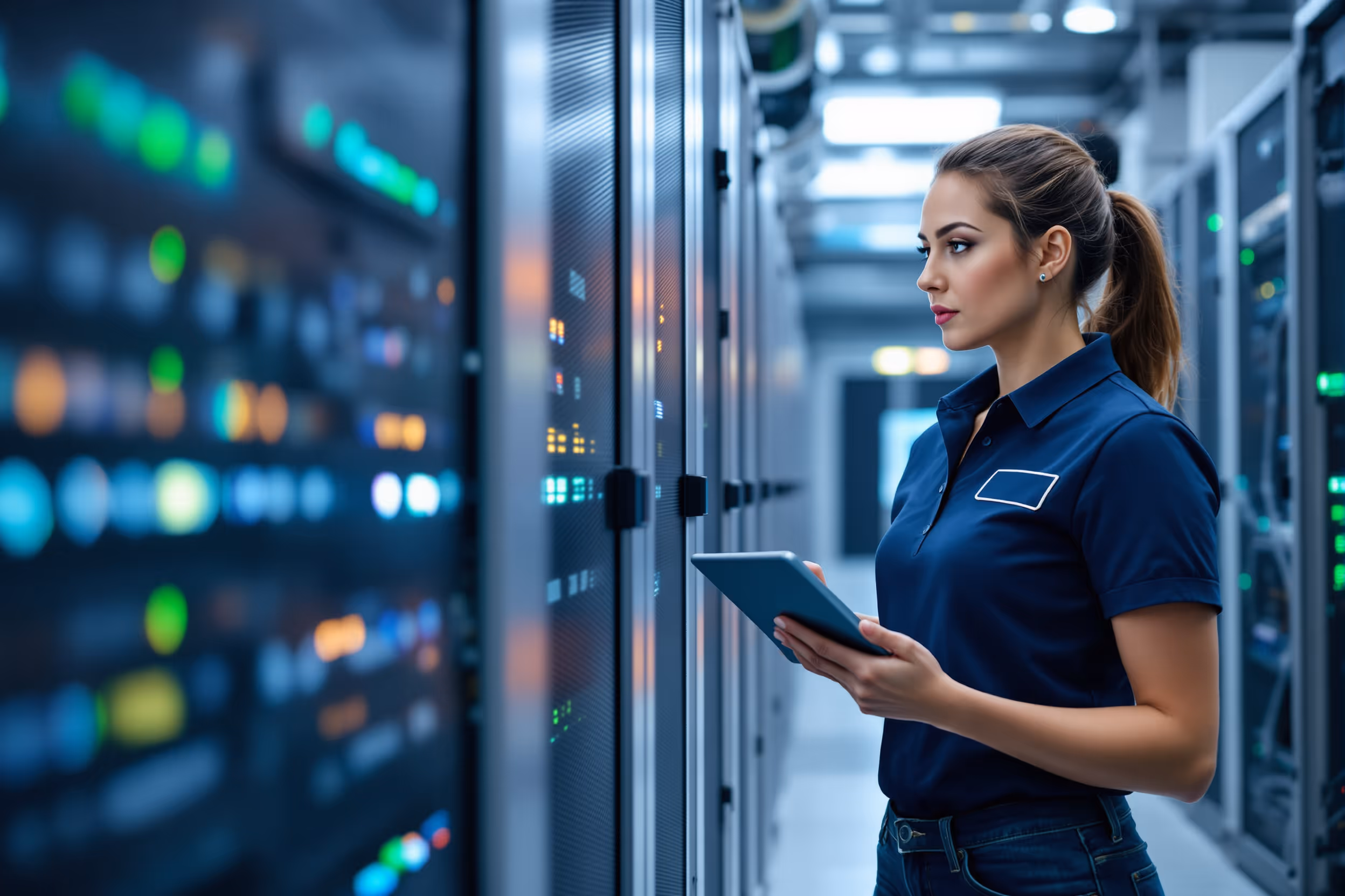 Secure European data center with IT professional conducting security check.