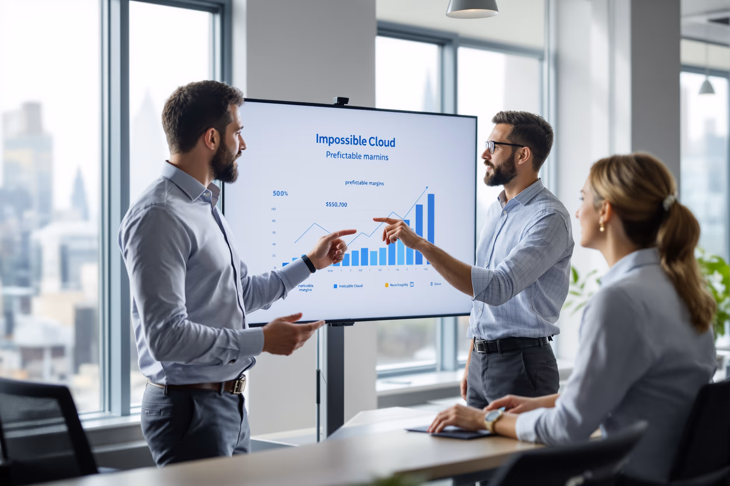 Channel partner presenting Impossible Cloud's predictable storage solutions to a client in a modern UK office.